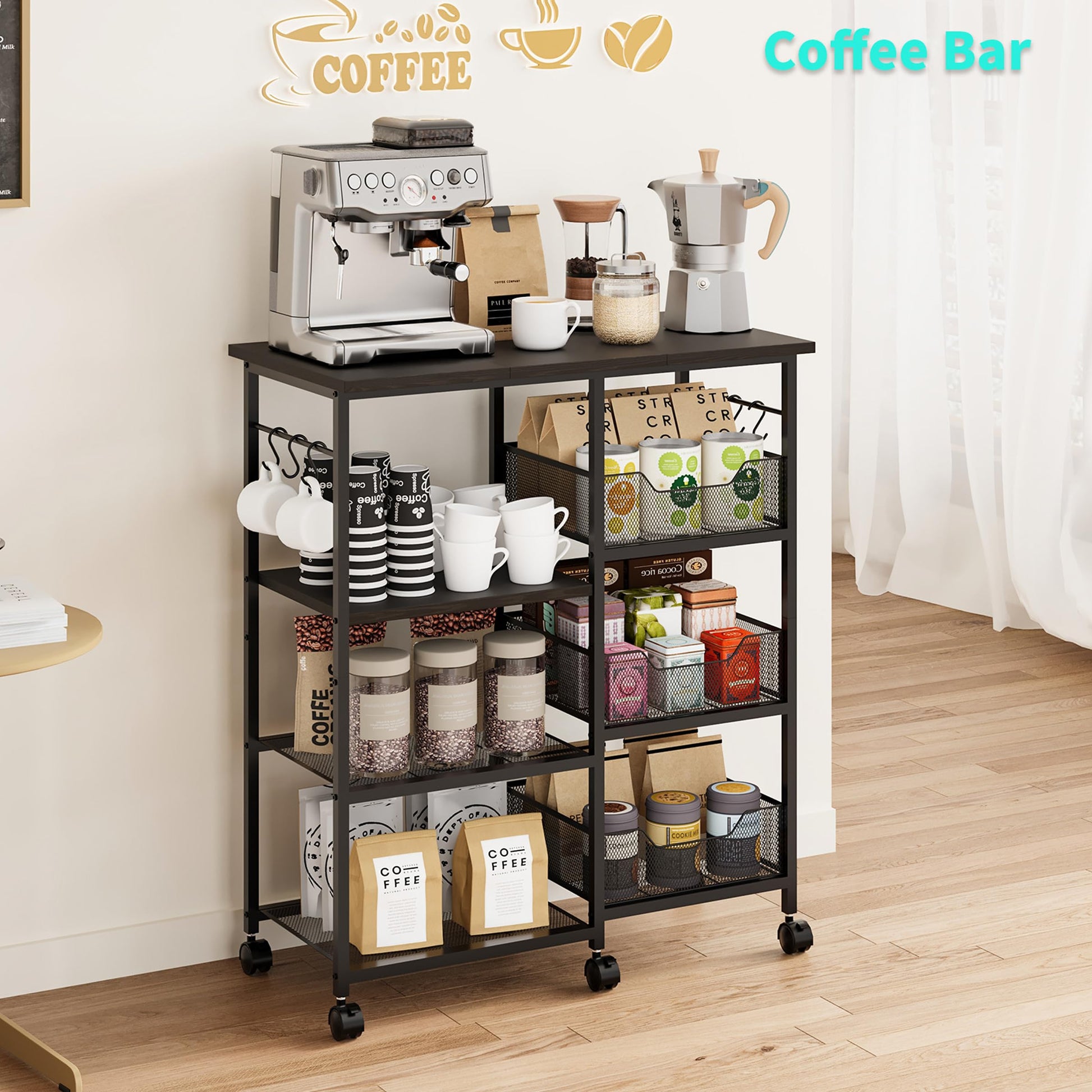 HapiRm Rolling Kitchen Carts with Storage - Microwave Table Stand with 6 Hooks & 3 Baskets, kitchen