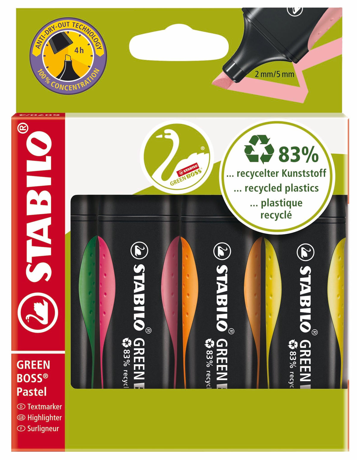 Highlighter - STABILO Green BOSS Wallet of 4 Assorted Colours