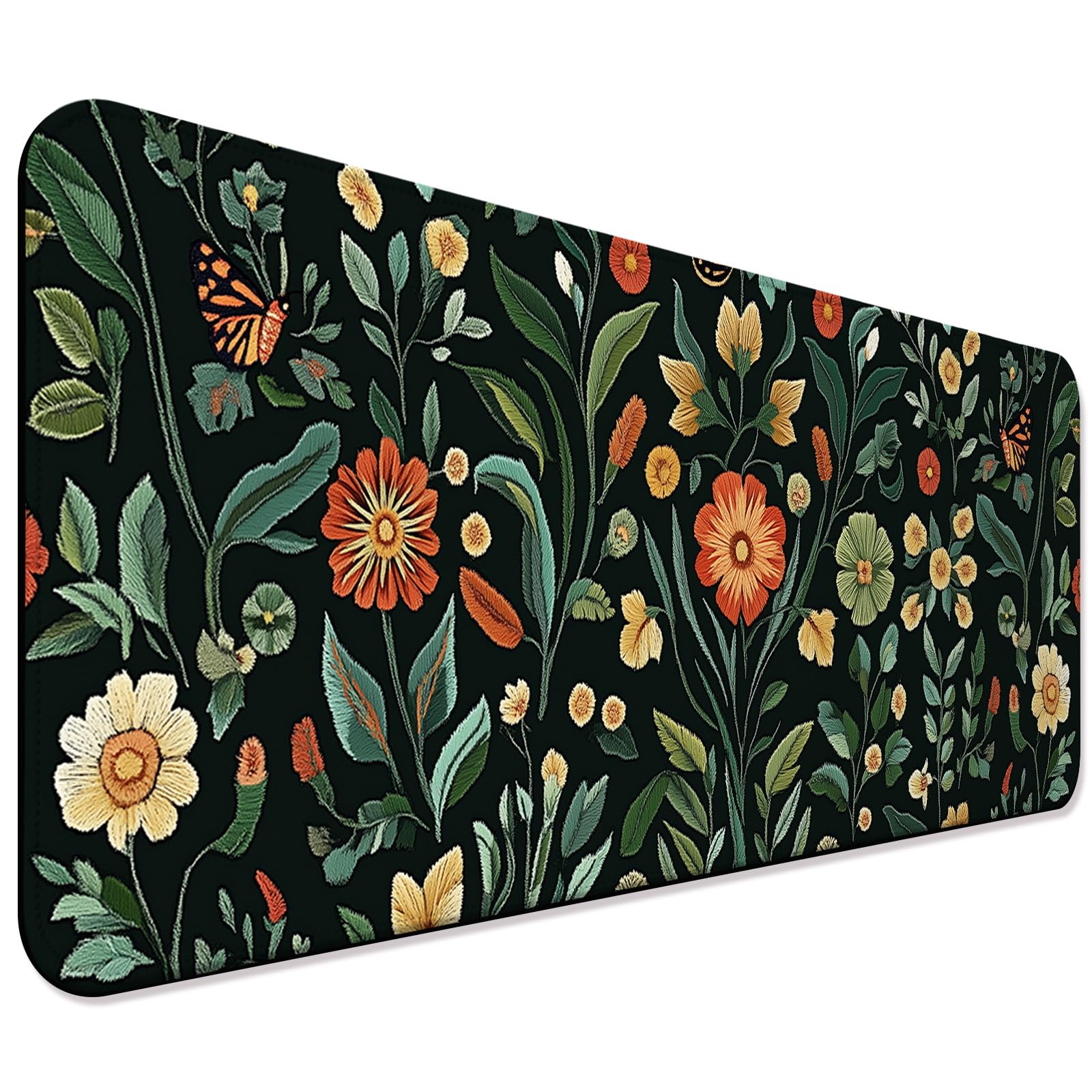Floral Gaming Desk Mat, Computer Keyboard Large Extended Long Flower Plants Mouse Pad for Office