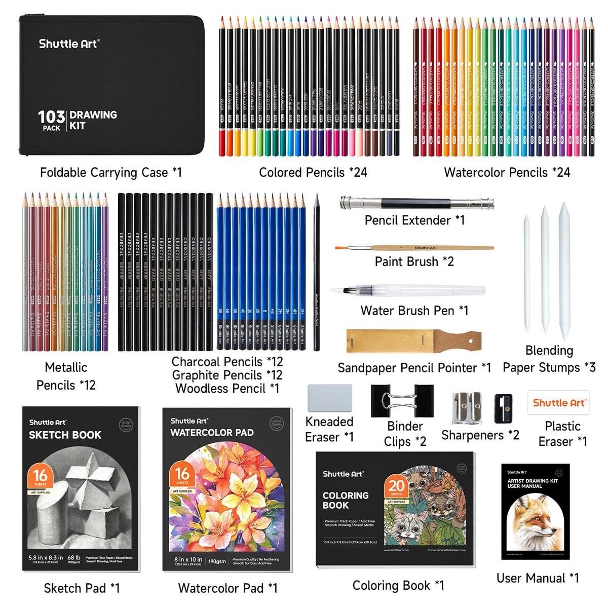 Shuttle Art 103 PCS Drawing Kit, Professional Drawing Supplies with Sketch, Charcoal, Colored