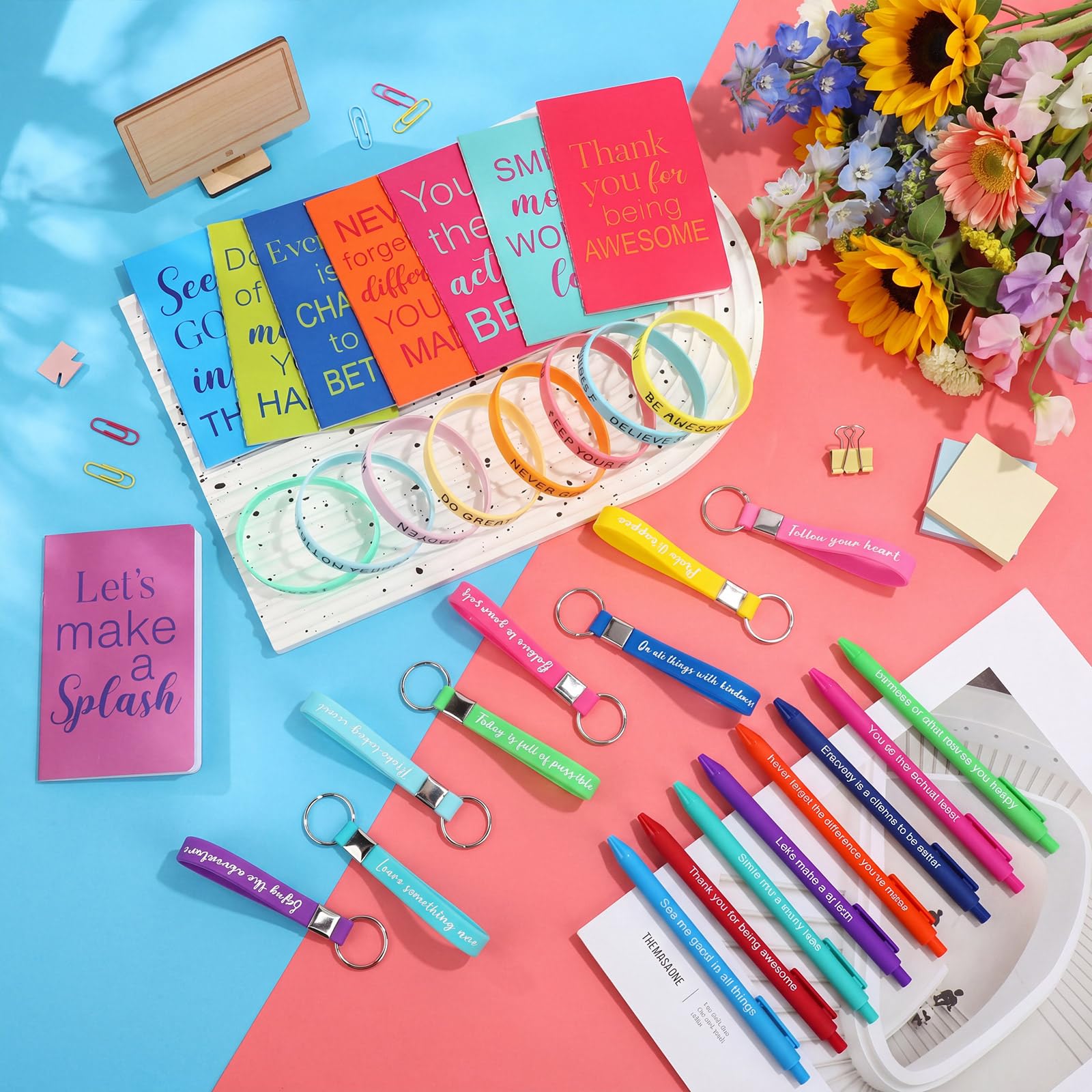 PerKoop 64 Pcs Inspirational Gift Bulk Notebooks Ballpoint Pen, Rainbow
