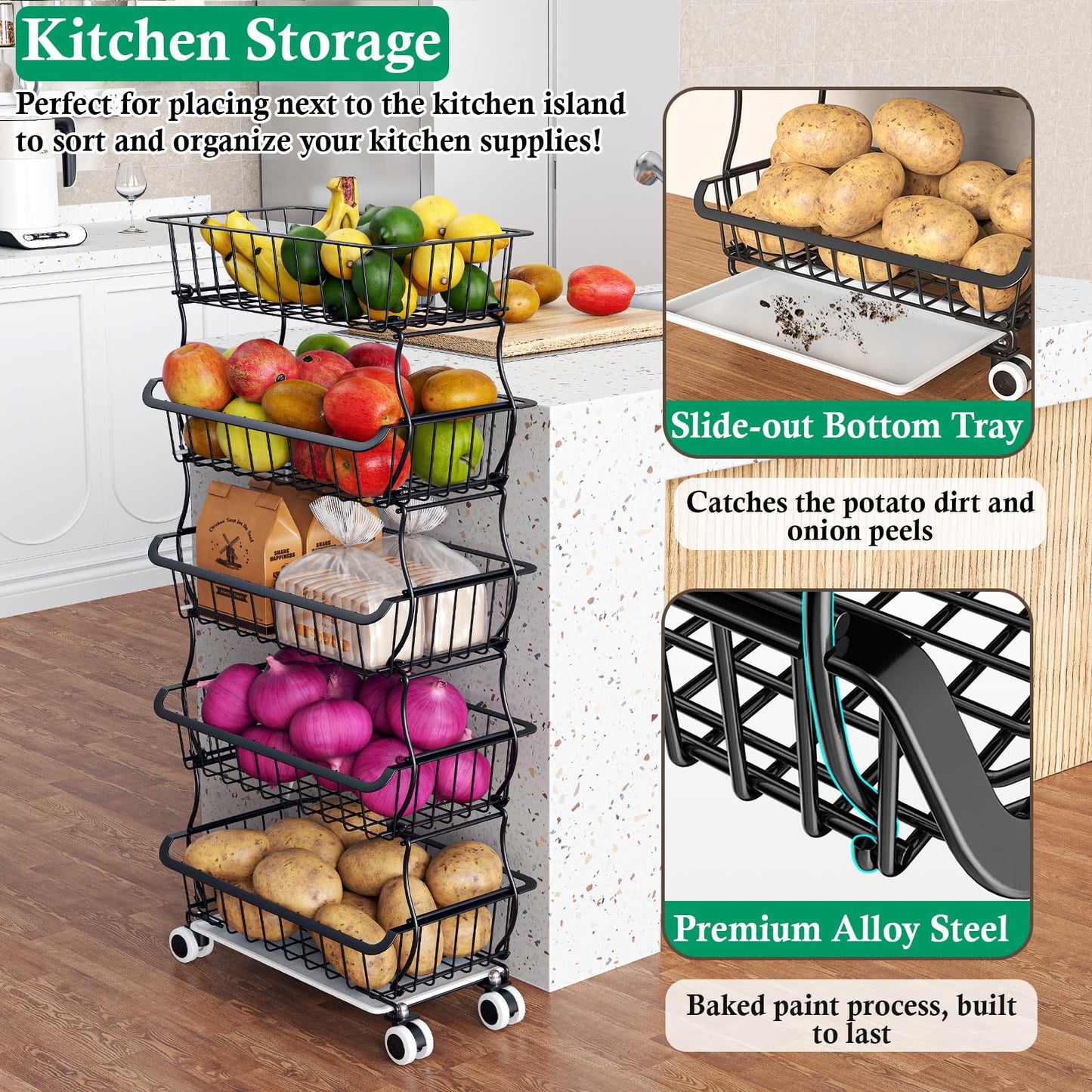 OKZEST 5 Tier Fruit Basket for Kitchen, Stackable Bins Wire Rack with Wheels, Fruit and Vegetable