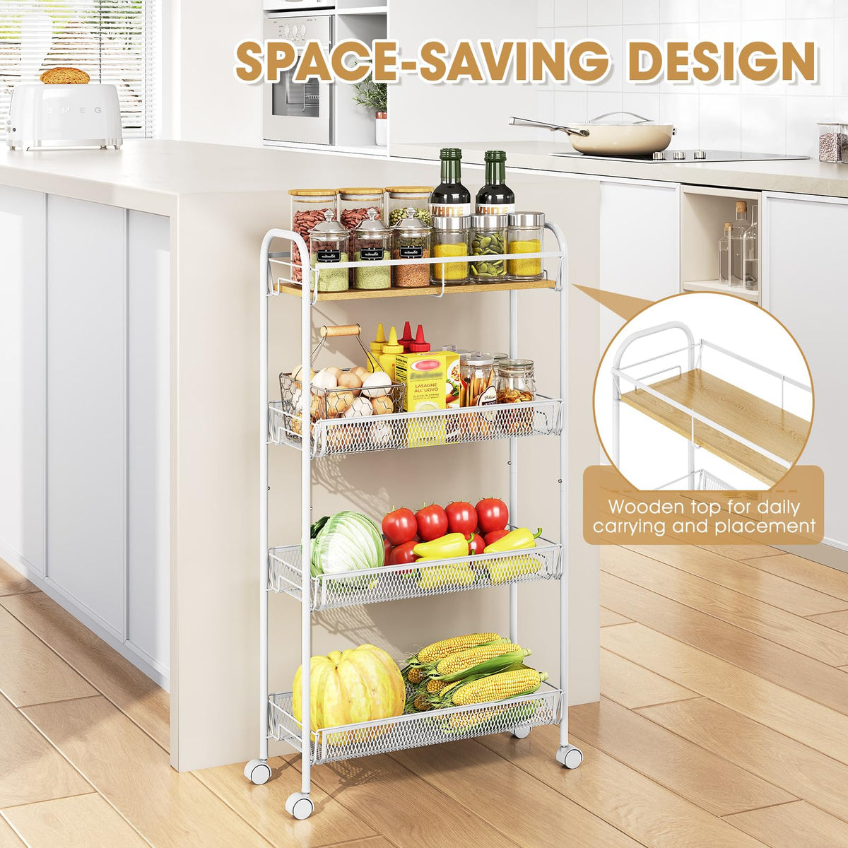 TOOLF 4-Tier Slim Rolling Cart, Metal Utility Cart, Slide Out Storage Cart with Wooden Tabletop and