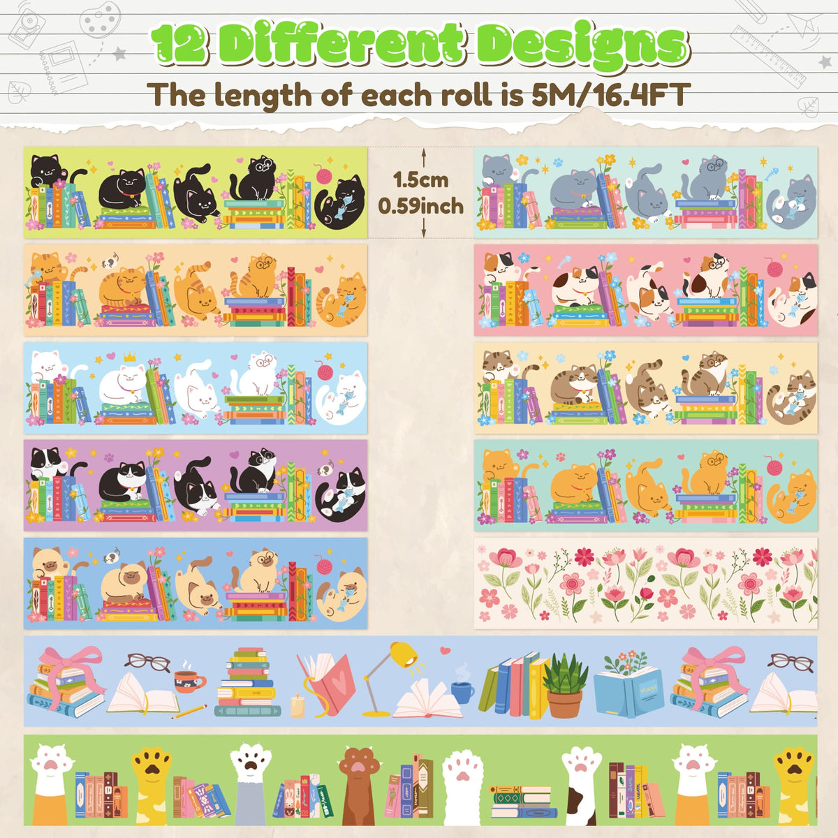 BkeeCten Cats Books Washi Tapes Supplies DIY Craft Bookish Gift Wrapping