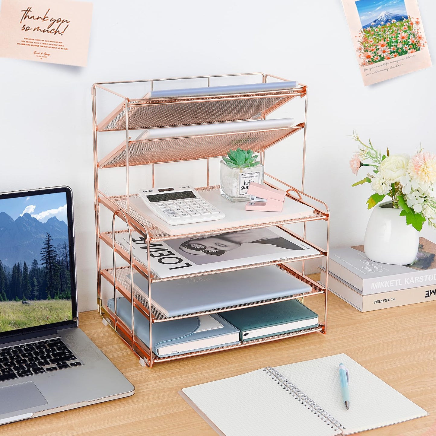 OPNICE Desk Organizer, 6-Tier Paper Organizer Letter Tray, Rose Gold