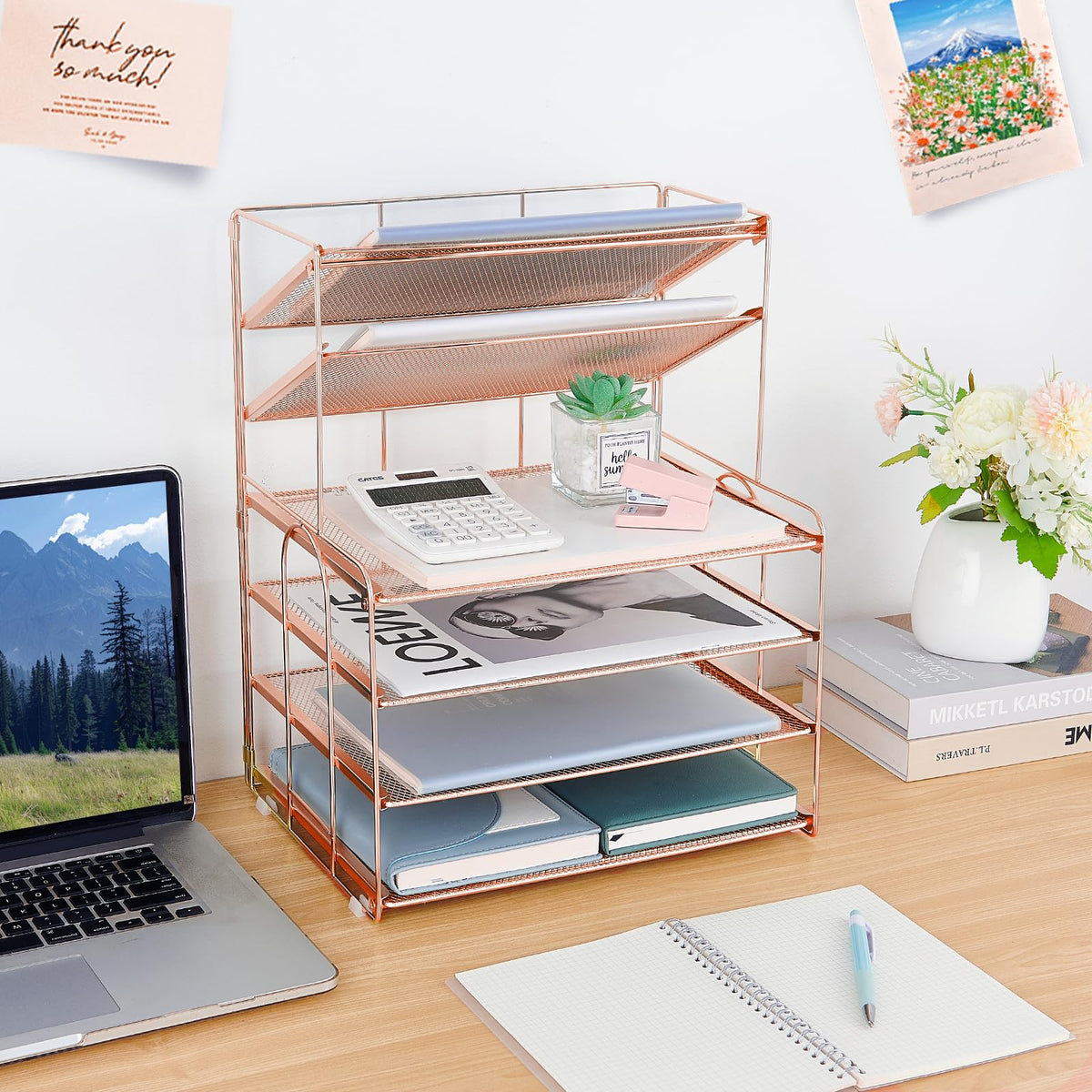 OPNICE Desk Organizer, 6-Tier Paper Organizer Letter Tray, Rose Gold