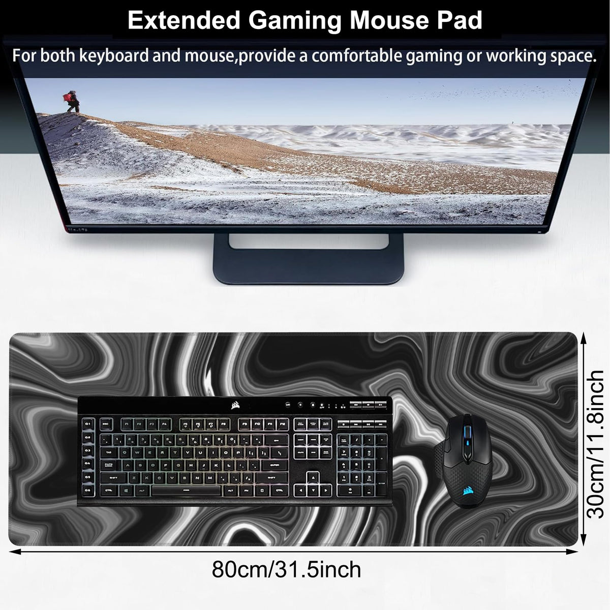 Black and White Marble Desk Mat,Large Marble Ink Texture Gaming Keyboard Mouse Pad,Non-Slip Rubber