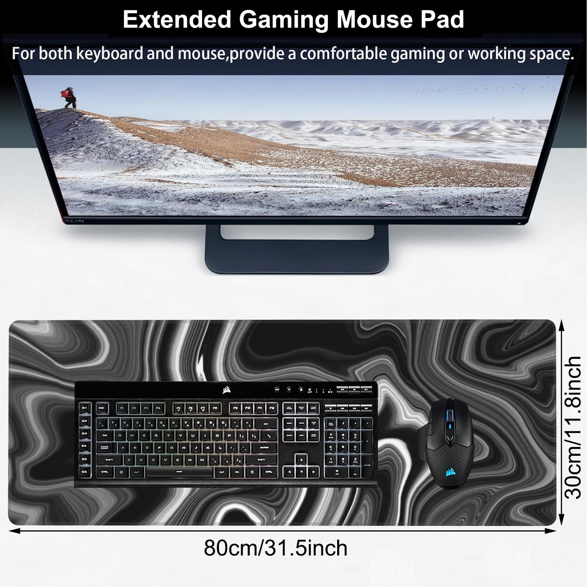 Black and White Marble Desk Mat,Large Marble Ink Texture Gaming Keyboard Mouse Pad,Non-Slip Rubber