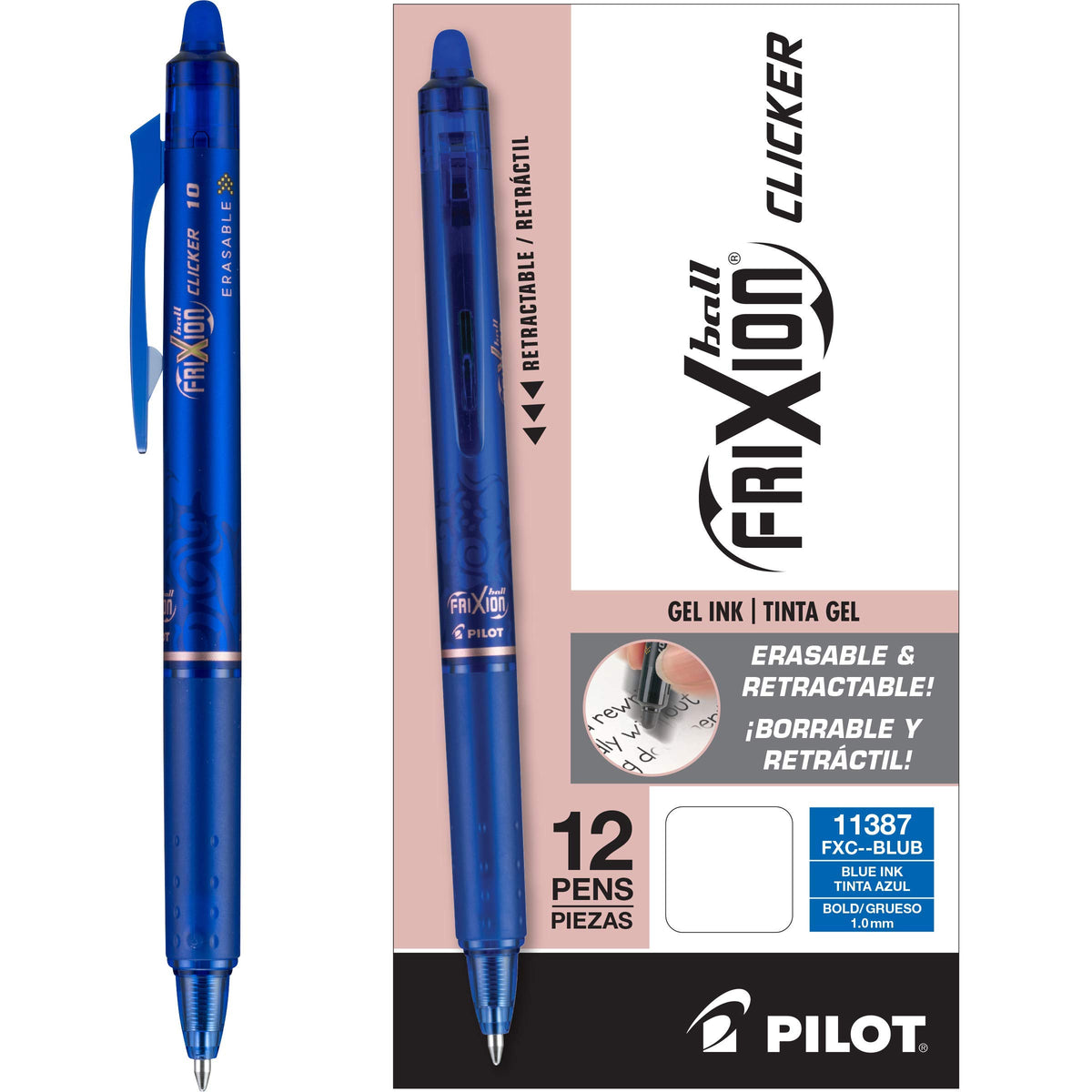 PILOT FriXion Clicker Erasable Gel Pens, Blue Ink, 12-Pack