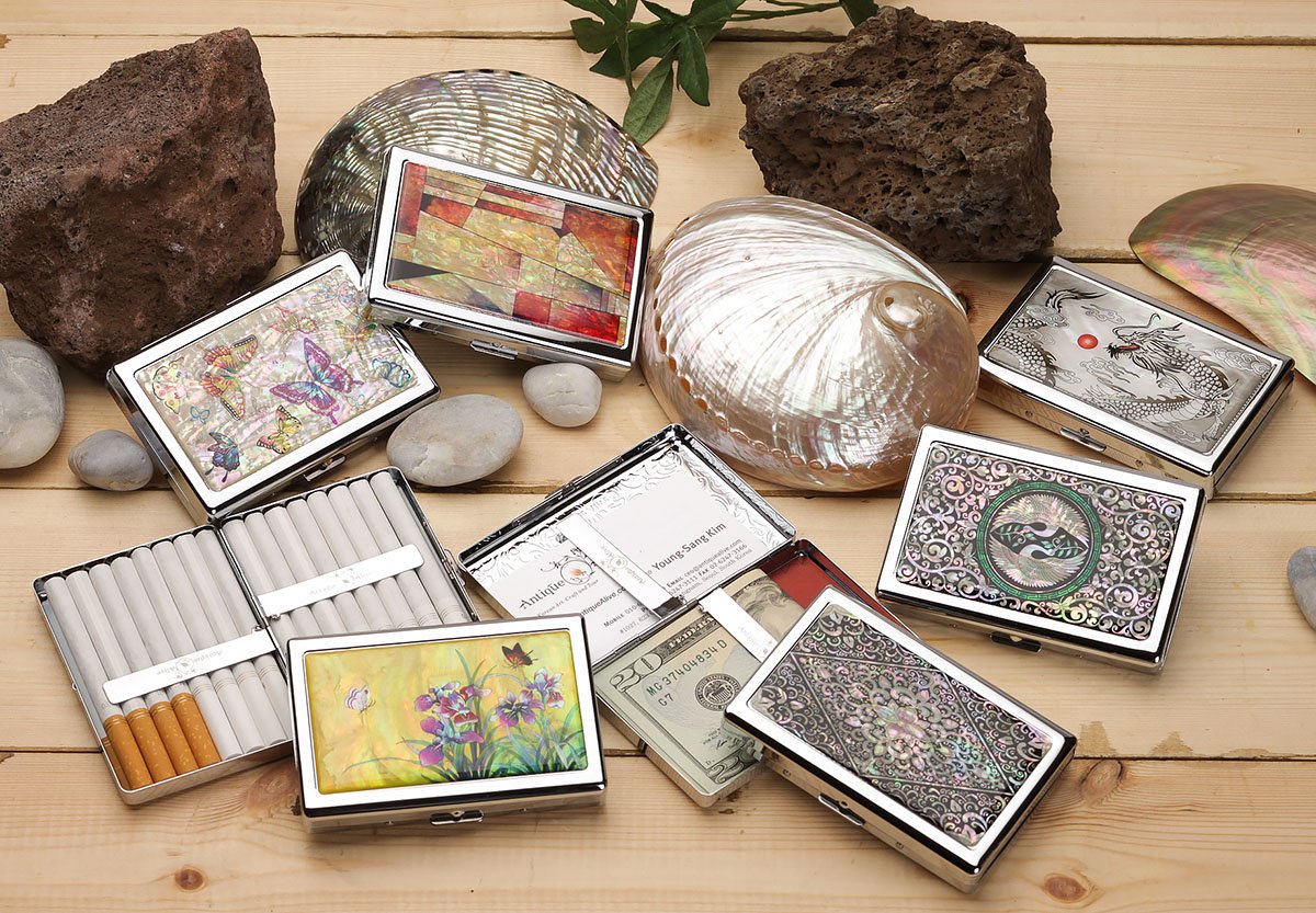 Mother of Pearl Double Crane Bird Extra Long 100S Super Slim King Size 16 Cigarette Engraved Metal