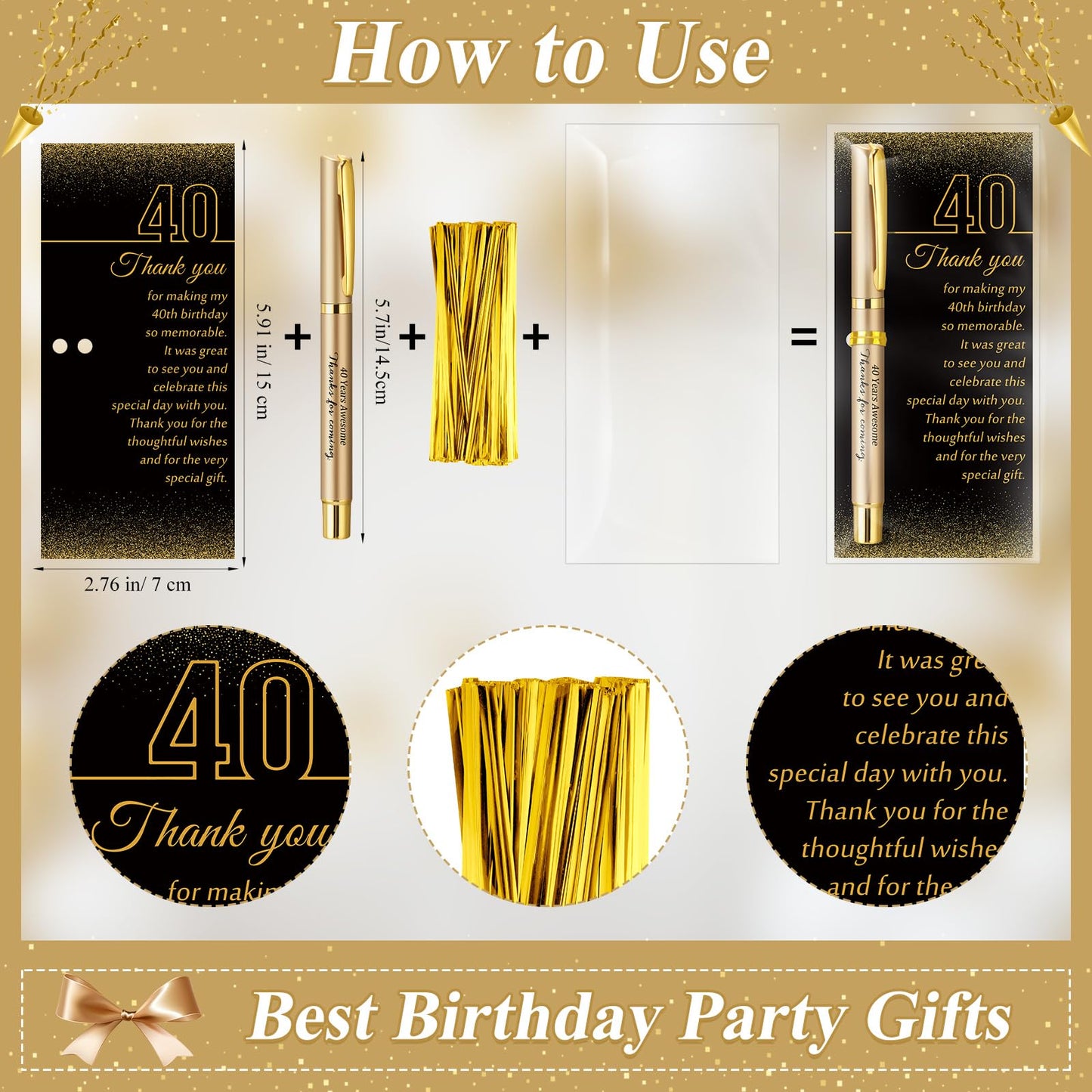 Feifeiya 50 Set 40th Birthday Favors with Black Gold Pens Cards