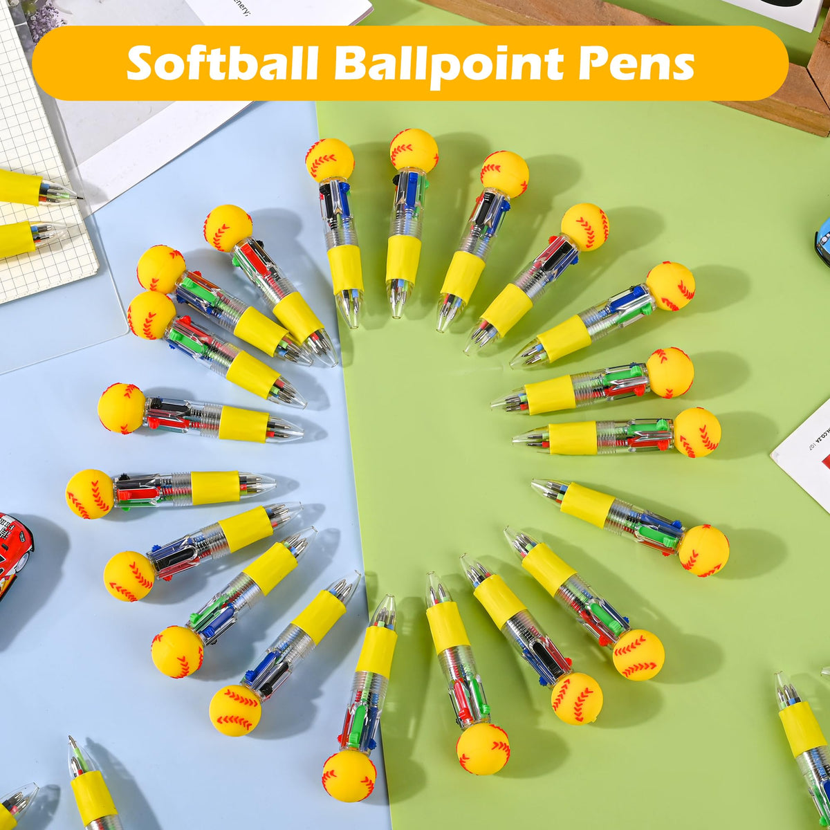 LiYiQ 25 Pcs Softball Multicolor Pen in One Cartoon Cute Fun 4-in-1 Cute Pens Bulk Kawaii Softball