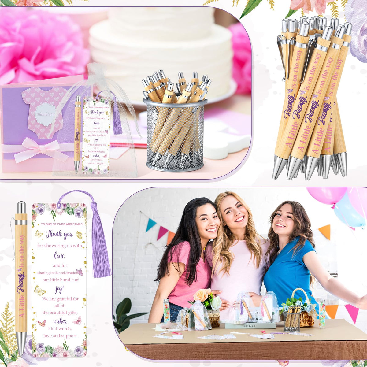 Gilprop 50 Set Baby Shower Favor for Guest Ballpoint Pen Bookmark Butterfly