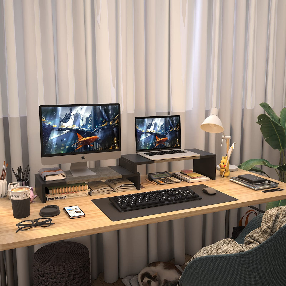 WESTREE Dual Monitor Stand Riser - 2 Shelf Computer Stand with Adjustable Length and Angle, Desktop