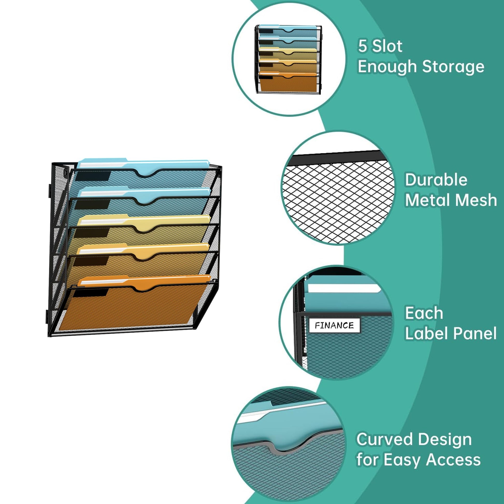 SUPEASY 5 Tier Wall File Organizer, Hanging Wall Mounted Mail Organizer with Label Slots, Metal