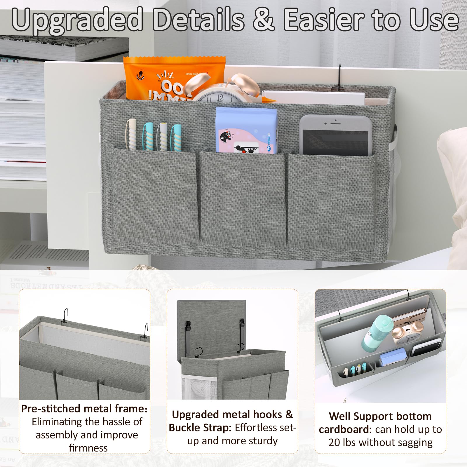 Bedside Caddy Storage Organizer for Bed Rails, Bed Caddy with 6 Pockets