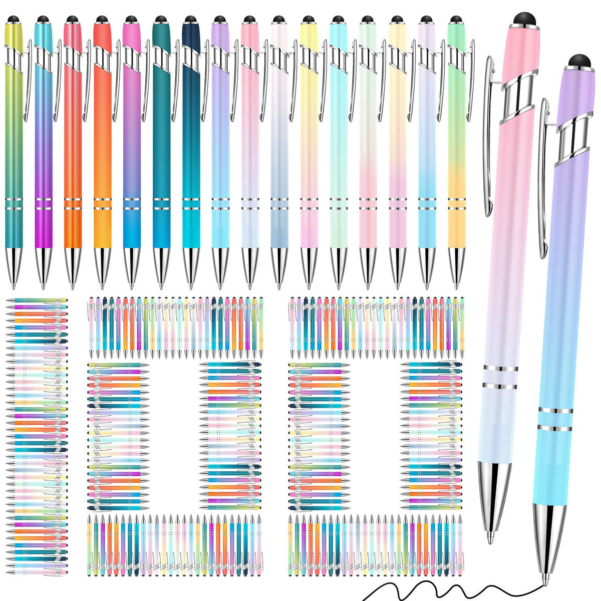Yeaqee 100 Pieces Ballpoint Pen Bulk with Stylus Tip Click, Gradient Colors