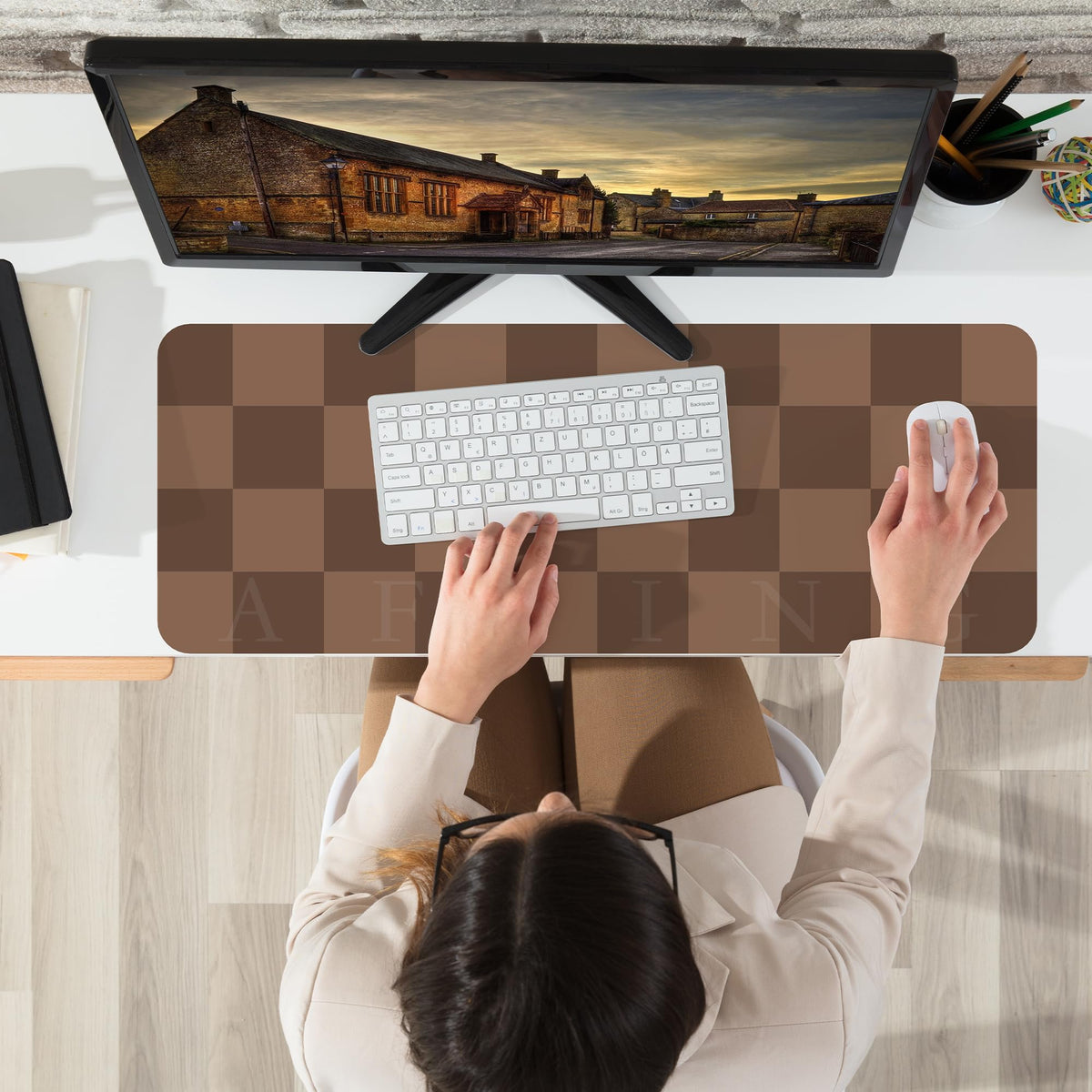AFIING Brown Checkered Desk Pad 31.5" x 12"