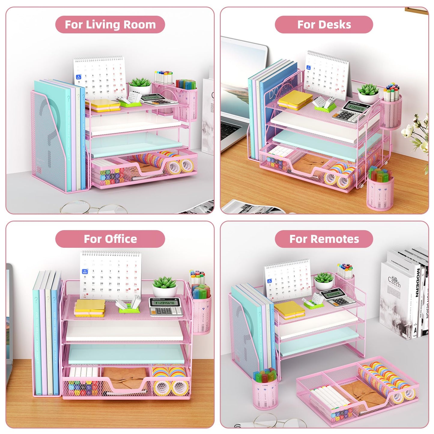 Marbrasse 4-Tier Paper Tray Organizer with Drawer and Pen Holder, Pink