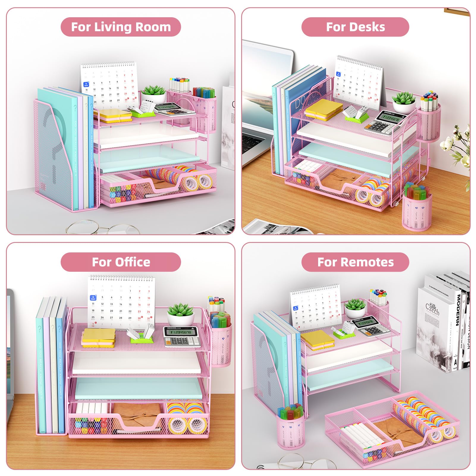 Marbrasse 4-Tier Paper Tray Organizer with Drawer and Pen Holder, Pink