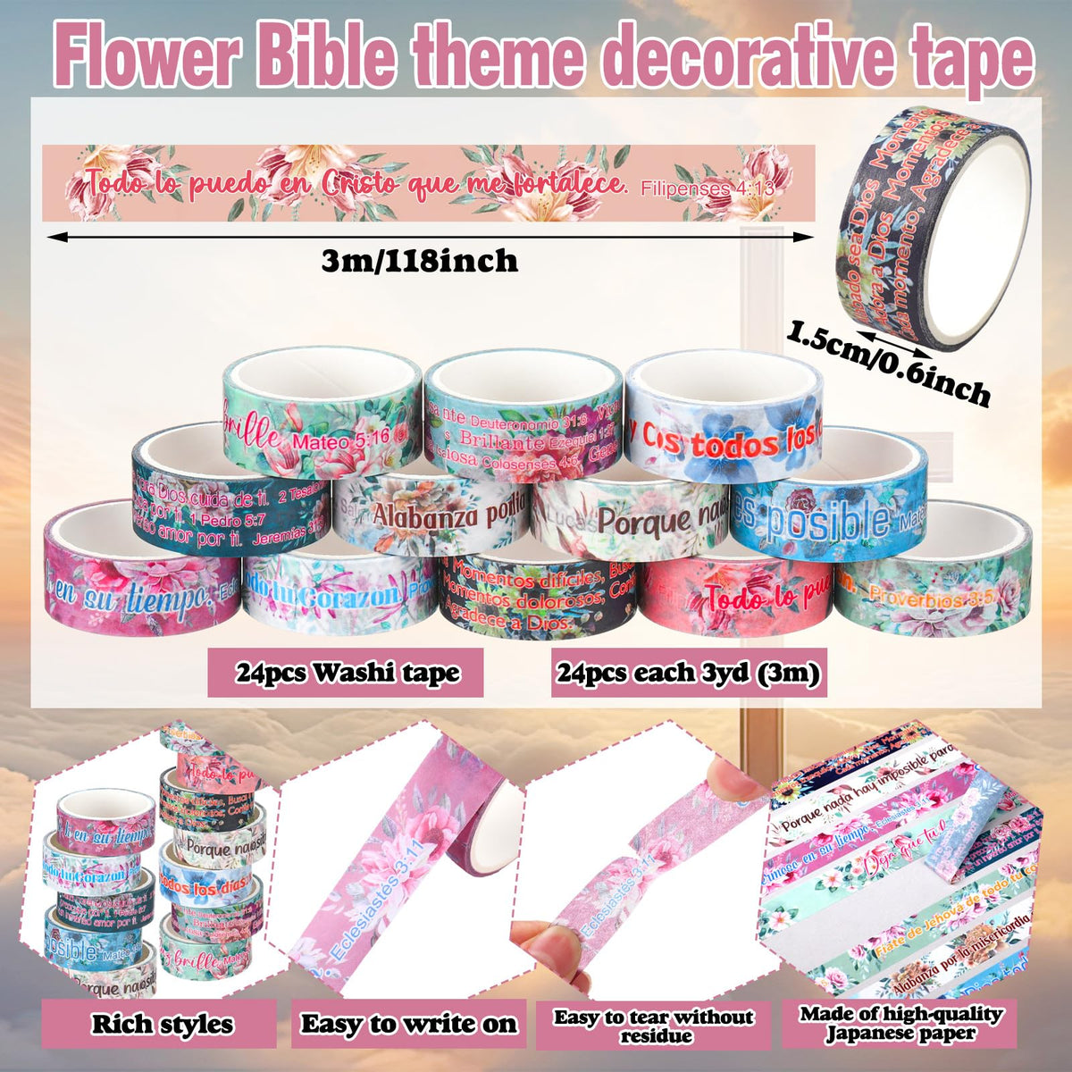 Janlaugh 24 Rolls Christian Washi Tape Gifts, Spanish Floral Religious