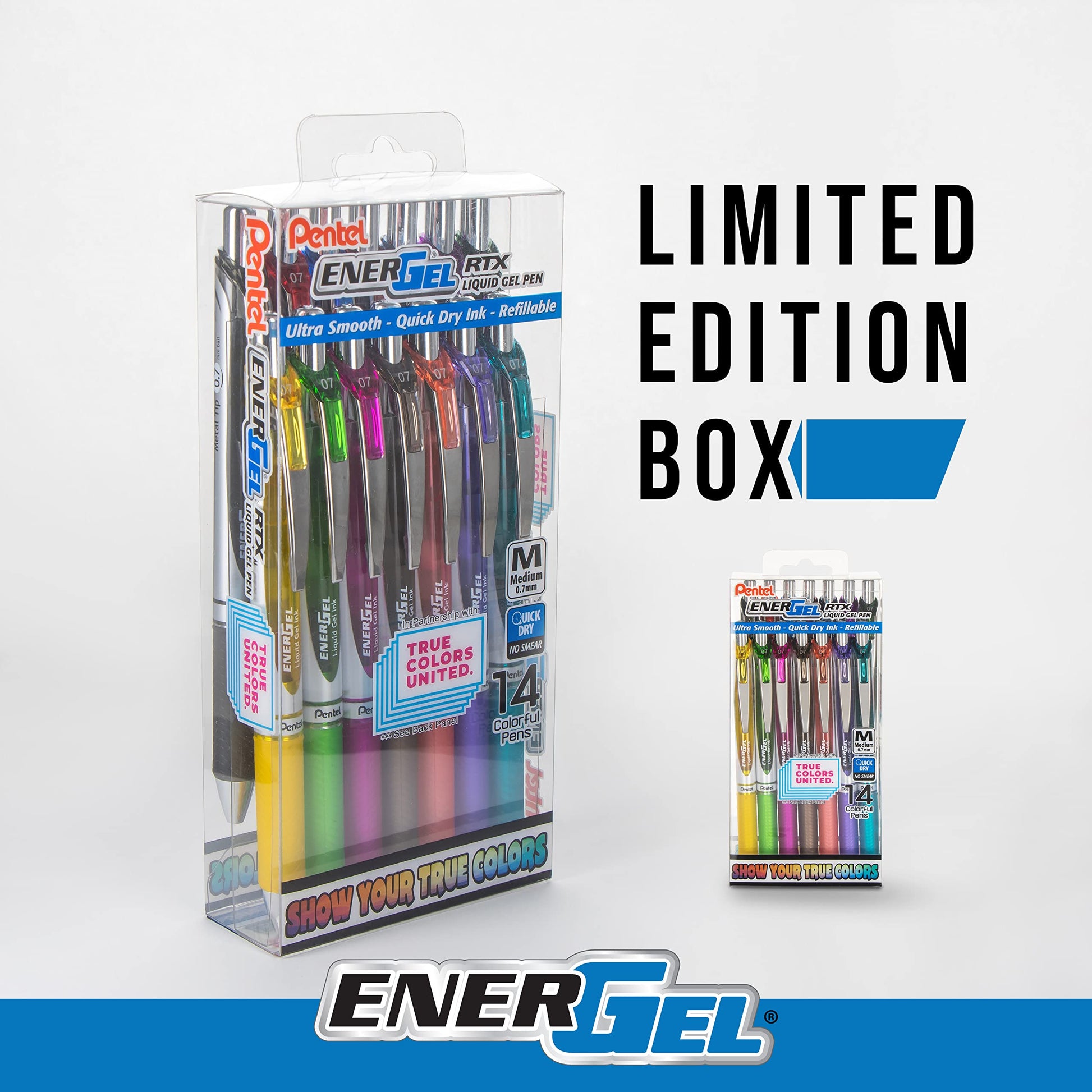 Pentel EnerGel RTX True Colors United 0.7mm, Medium Line, 14 Assorted Ink Colors, Pack of 14 pens