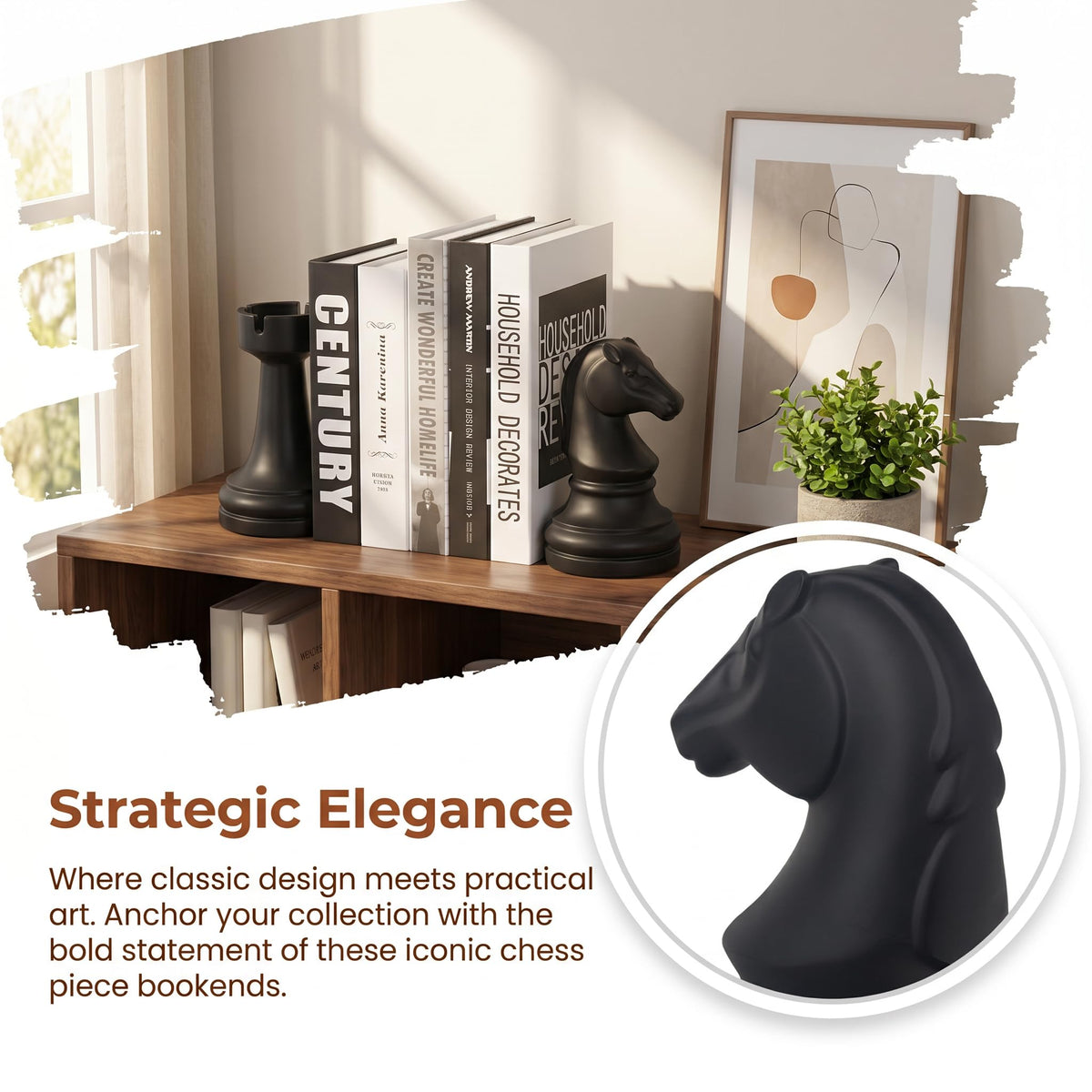Decorative Bookends Chess Bookends, Black Book Ends Heavy Book Supports, Unique Bookends Decor for