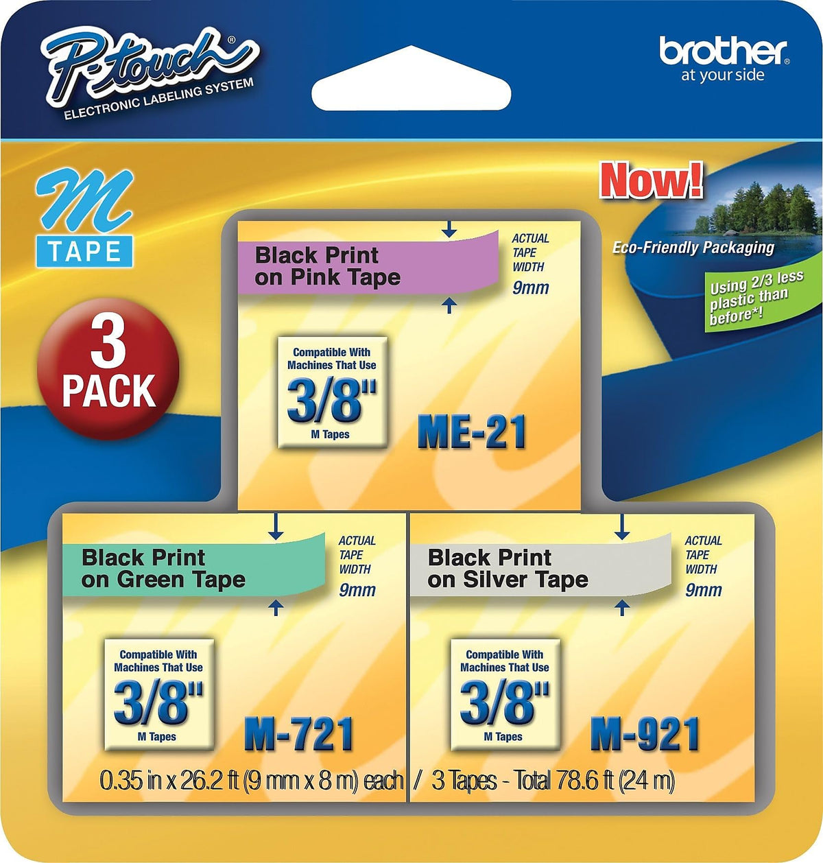 Brother ME793 P-Touch M Tape 3/Pack, Black on Pink, Black on Green, Black on Silver