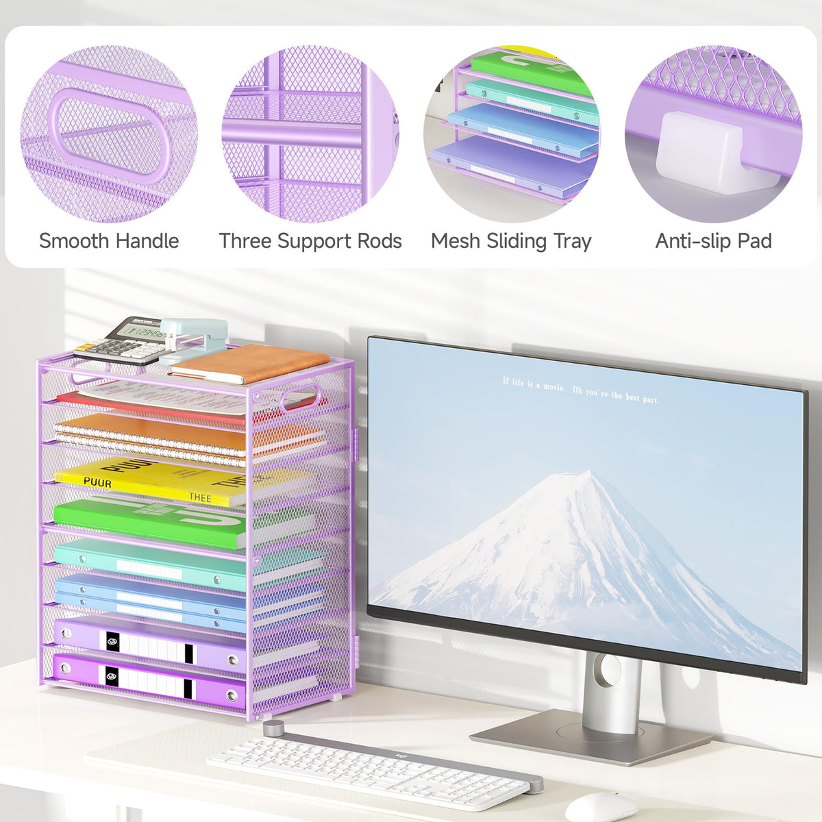 Cawukege 9 Tier Paper Organizer with Handle, Purple Large Capacity Desk Organizer Mesh File Folder