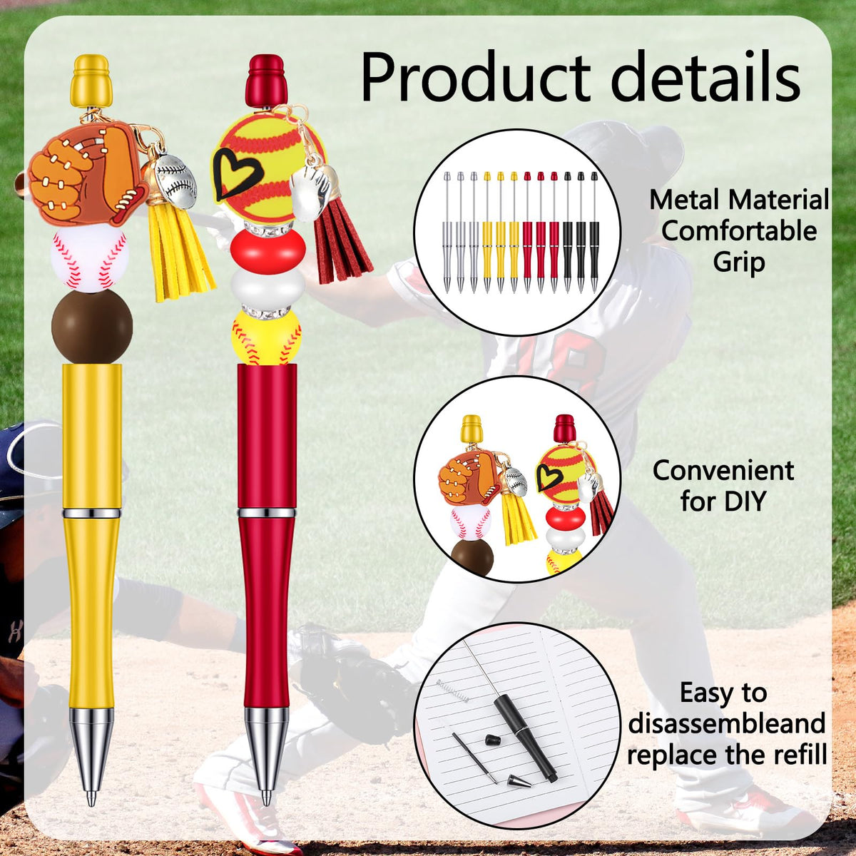 Jutom 12 Pcs Sports Beadable Pens Plastic Baseball Bead Pens Included 50 Pcs Colorful Beads 12