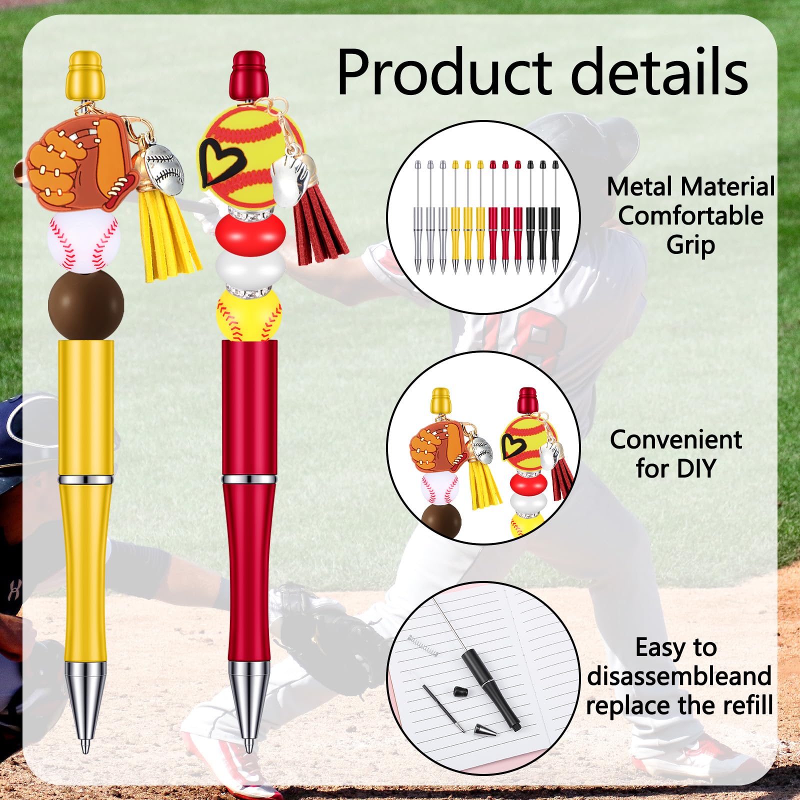Jutom 12 Pcs Sports Beadable Pens Plastic Baseball Bead Pens Included 50 Pcs Colorful Beads 12