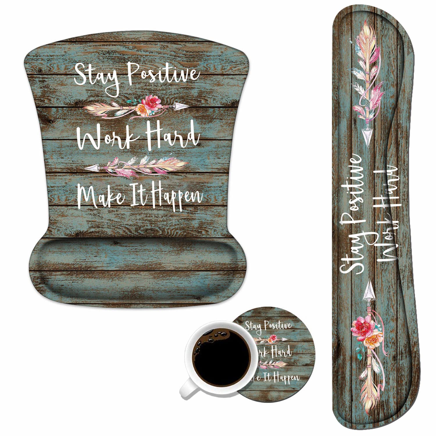 Keyboard Wrist Rest and Mouse Wrist Rest Pad Set with Coasters, Stay Positive Work Hard and Make It
