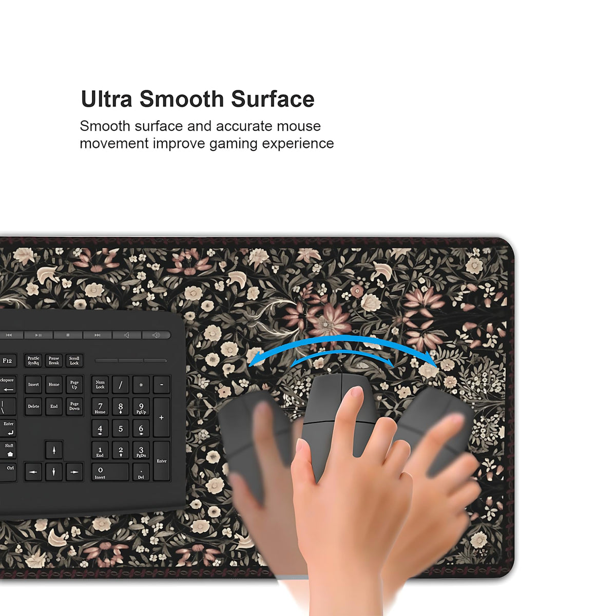 Floral Aesthetic Wildflower Gaming Mouse Pad, Black Rug Desk Mat with Anti-Slip Base & Stitched