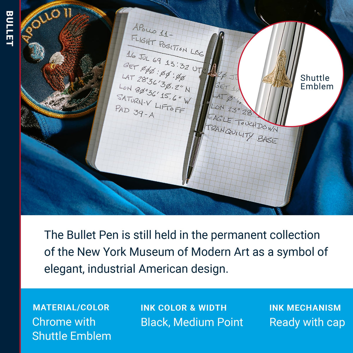 Fisher Space Pen Chrome Shuttle Emblem Pressurized Ballpoint Bullet Pen