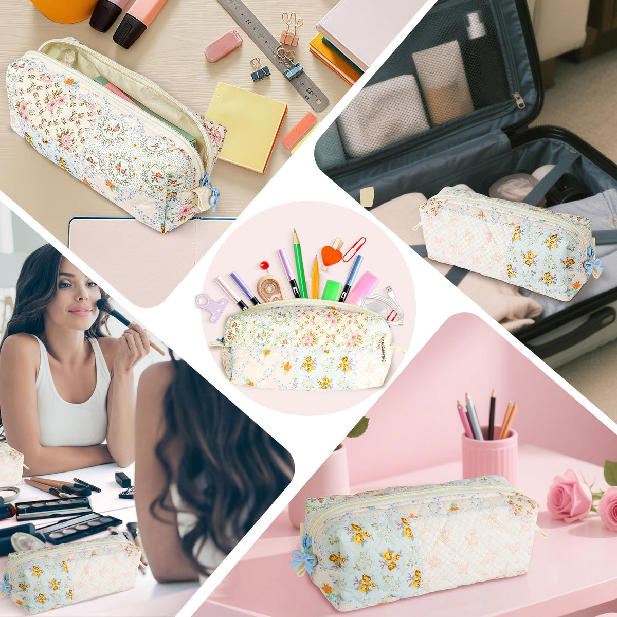 shiprabags Cute Quilted Pencil Case for Women, Aesthetic Small Floral Pencil Pouch, Slim Soft