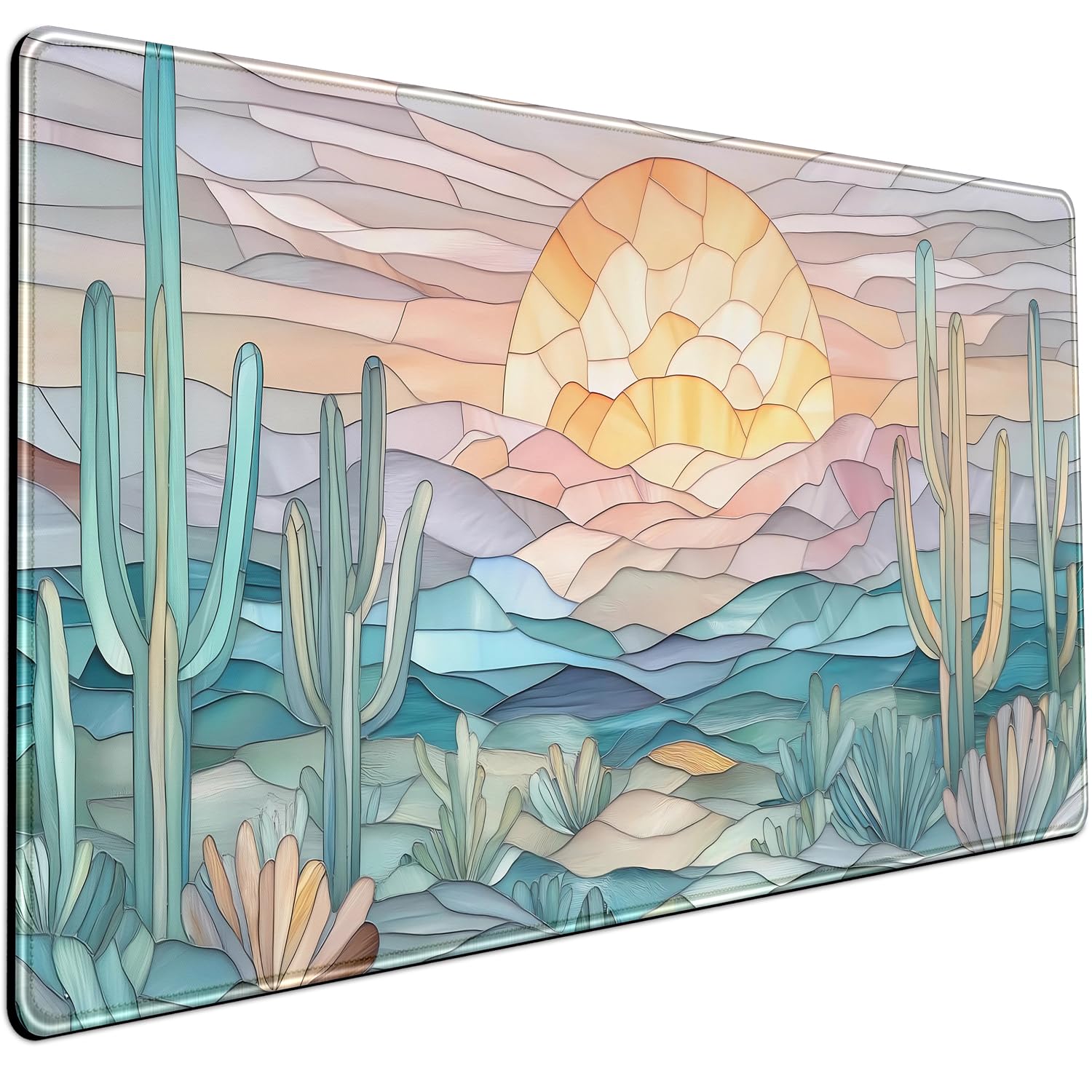 Desk Mat Gaming Abstract Ocean Desk Pad Large Mouse and Keyboard Pad, Faux Stained Glass Sun &