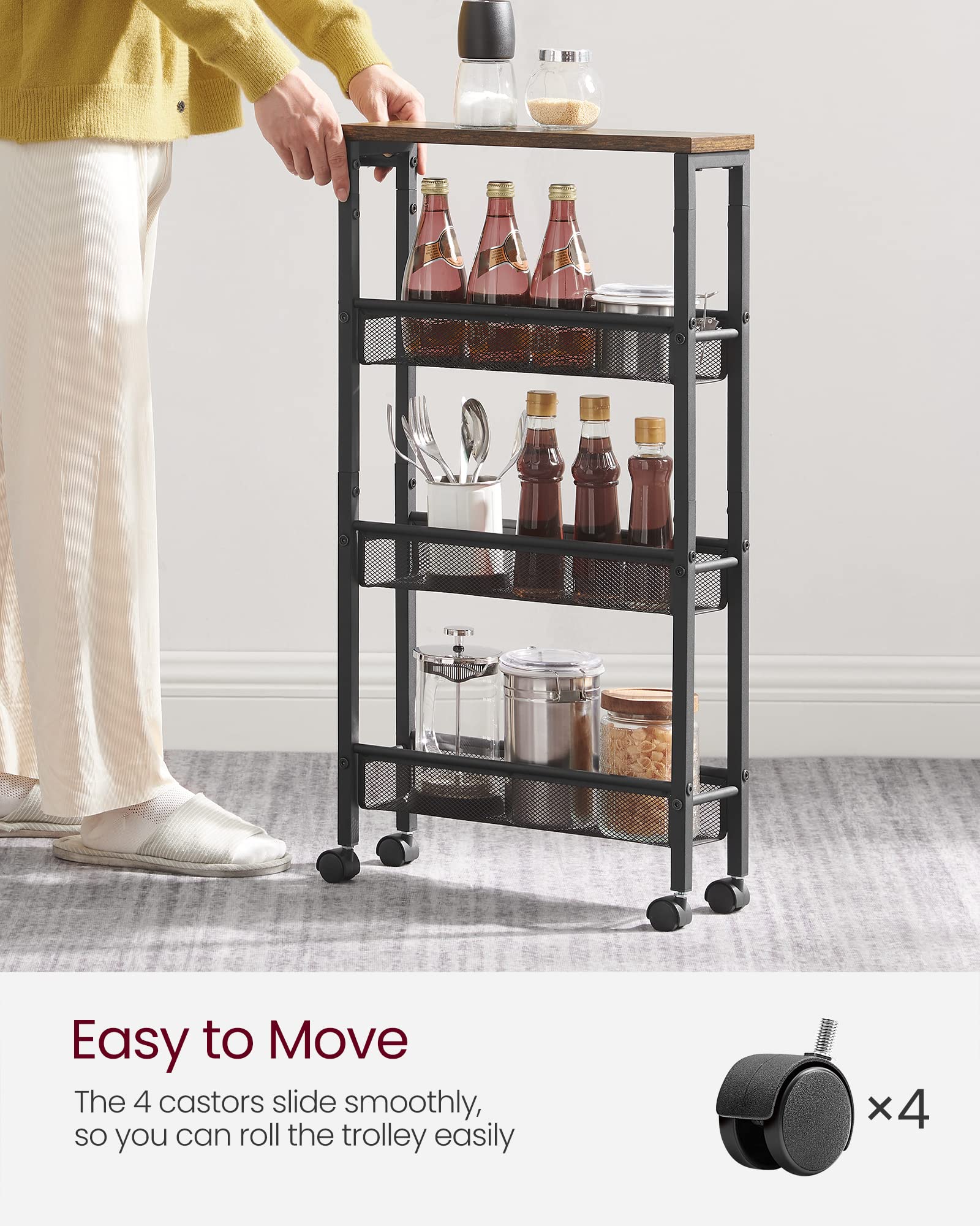VASAGLE 4-Tier Slim Rolling Storage cart with Wheels, 5.1 Inches, Metal