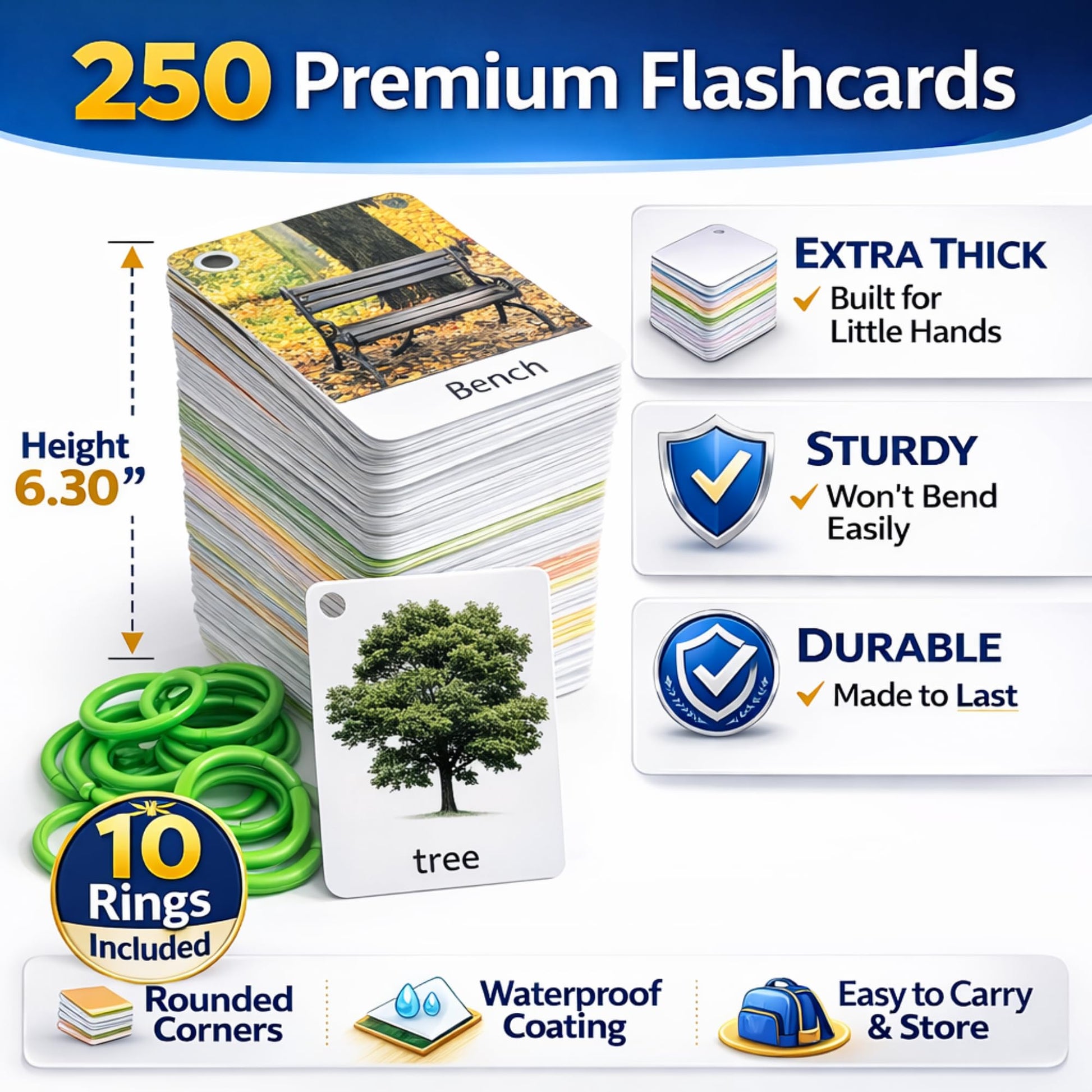 250 Thick & Sturdy Learning Flashcards for Toddlers 1-3 with Rings - Alphabet Flash Cards & Sight