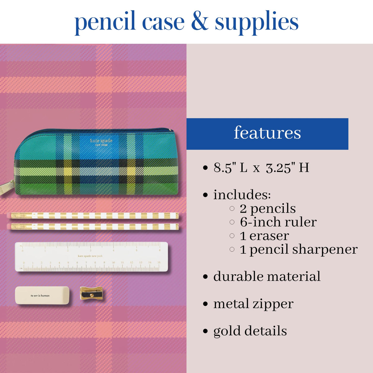 kate spade new york Pen and Pencil Case with Office Supplies, Zip Pouch Includes 2 Pencils