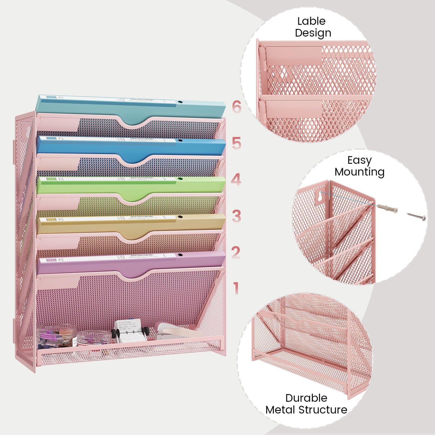 Kinkota Pink Desk Organizer, Hanging Wall File Organizer with 6 Tiers