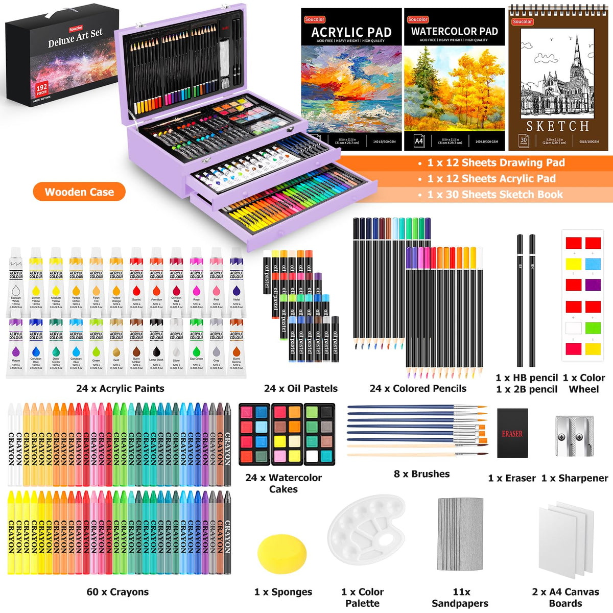 Soucolor Art Supplies,192-Pack Deluxe Art Set Drawing Painting Supplies Kit