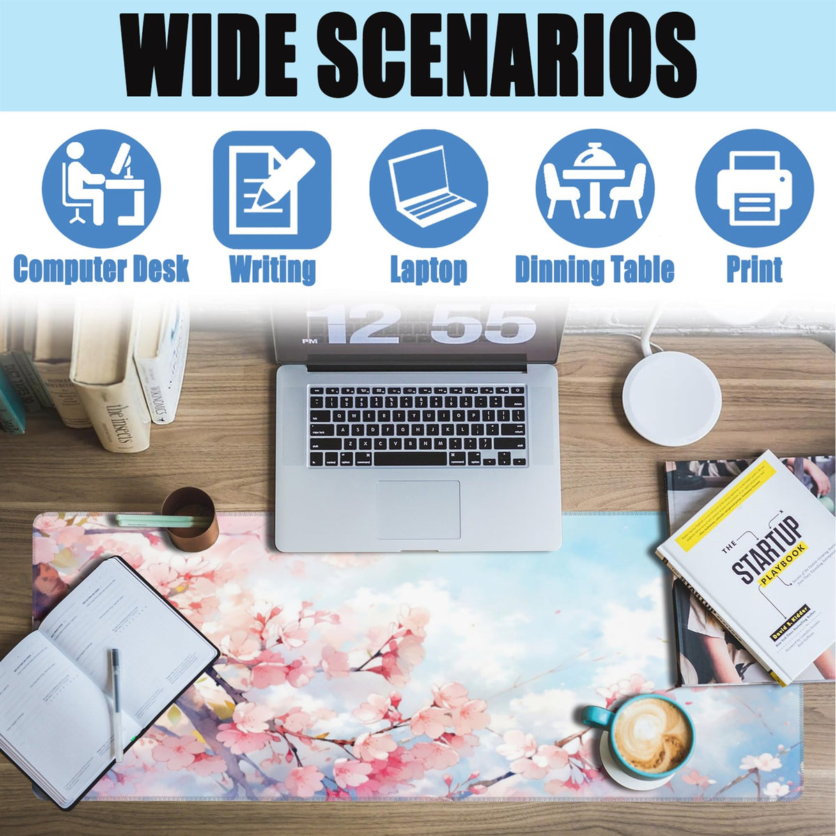 Large Gaming Mouse Pad for Desk,Cherry Blossom Tree Desk Mat for Desktop,Watercolor Floral Desk