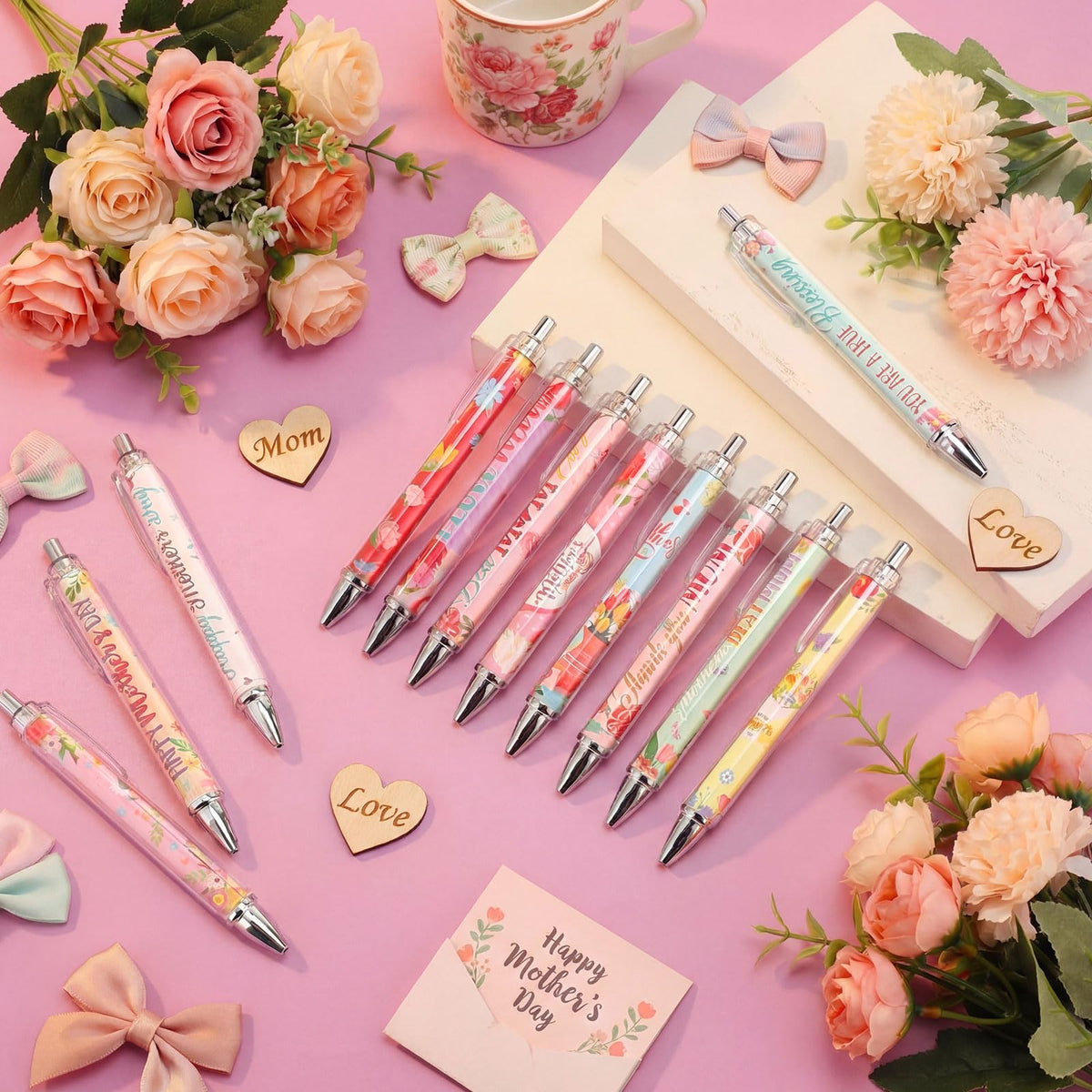 Cholemy 48 Pcs Mother's Day Ballpoint Pens Bulk Flower Happy Mother's Day Writing Pens Best Mom
