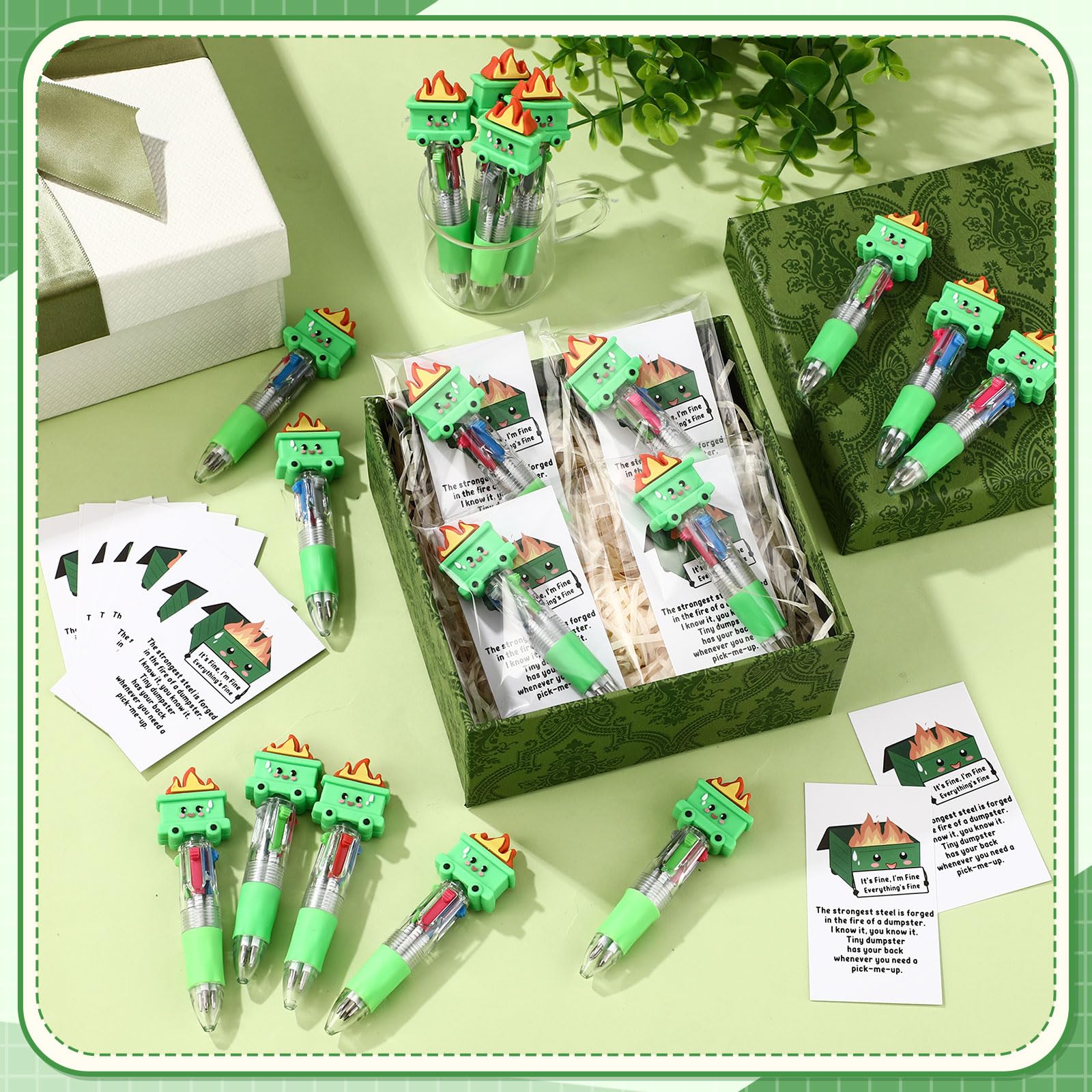 Sayglossy 50 Sets Dumpster Fire Pen Bulk, 4-in-1 Ballpoint Pens with Cards