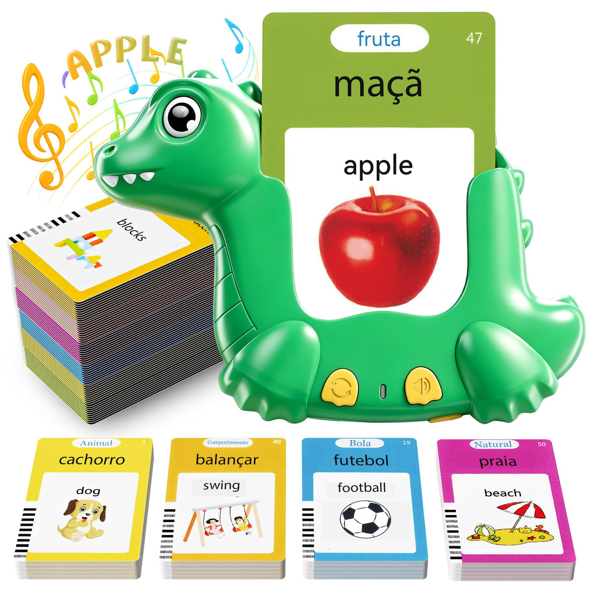 Portuguese and English Talking Flash Cards for Kids, 510 Words, Dino Shaped