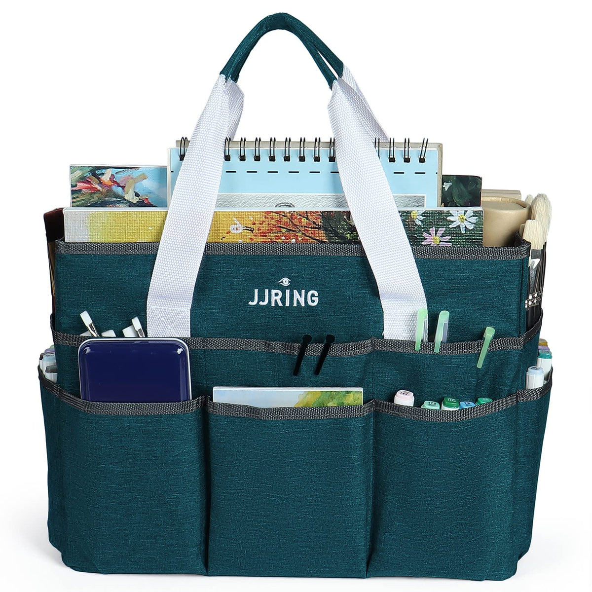 JJRING Craft Organizer Tote Bag Large Art Storage Caddy Bluish Green