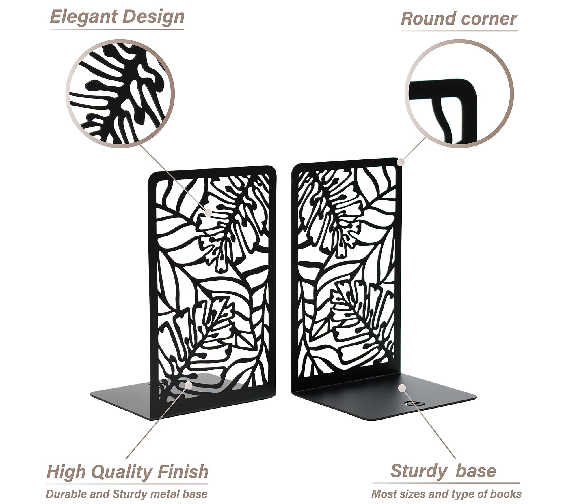 CNK Premium Metal Book Ends - Heavy Duty Book Stoppers for Home Office - Black