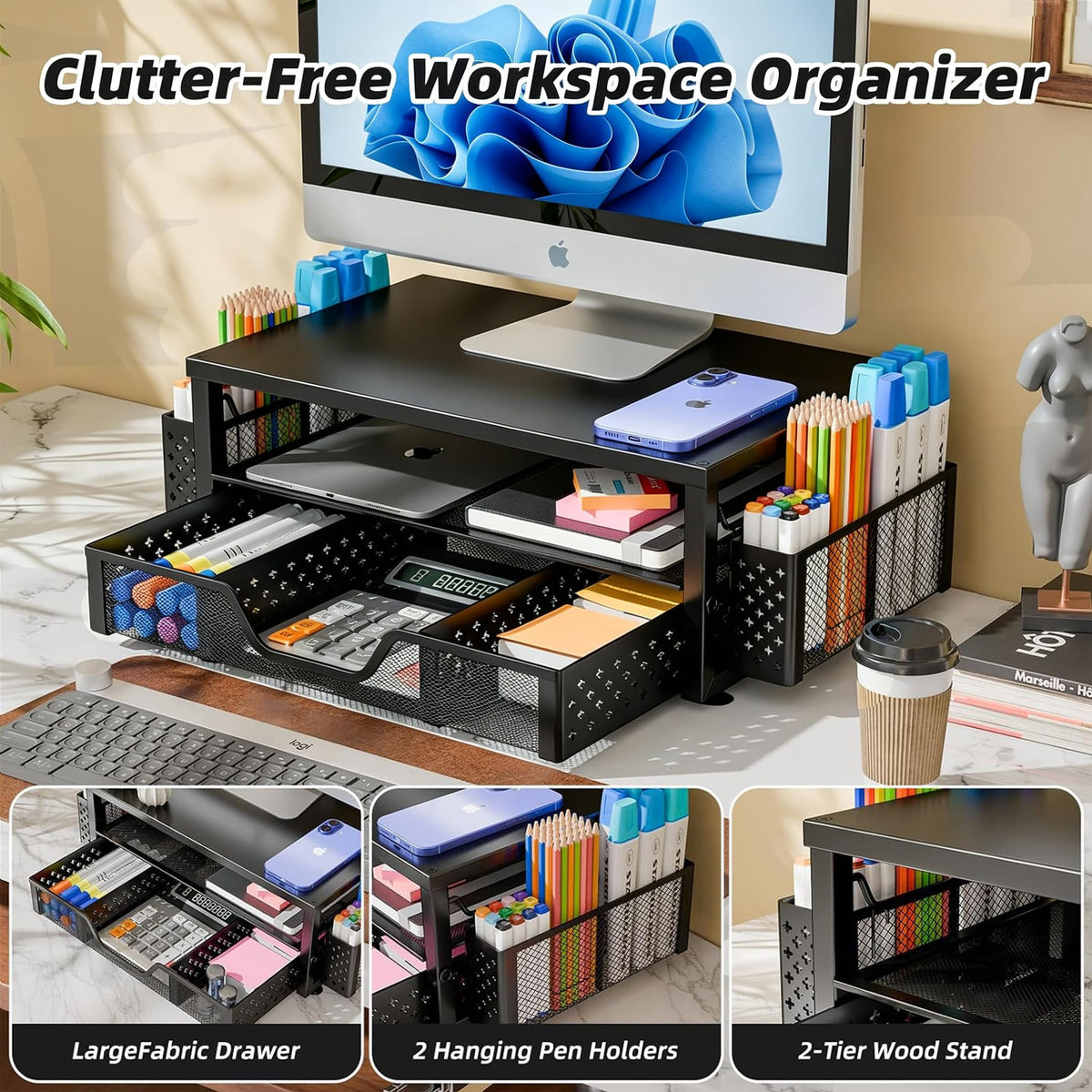 Simple Trending Desk Organizer and Accessories, Monitor Stand Riser, Black