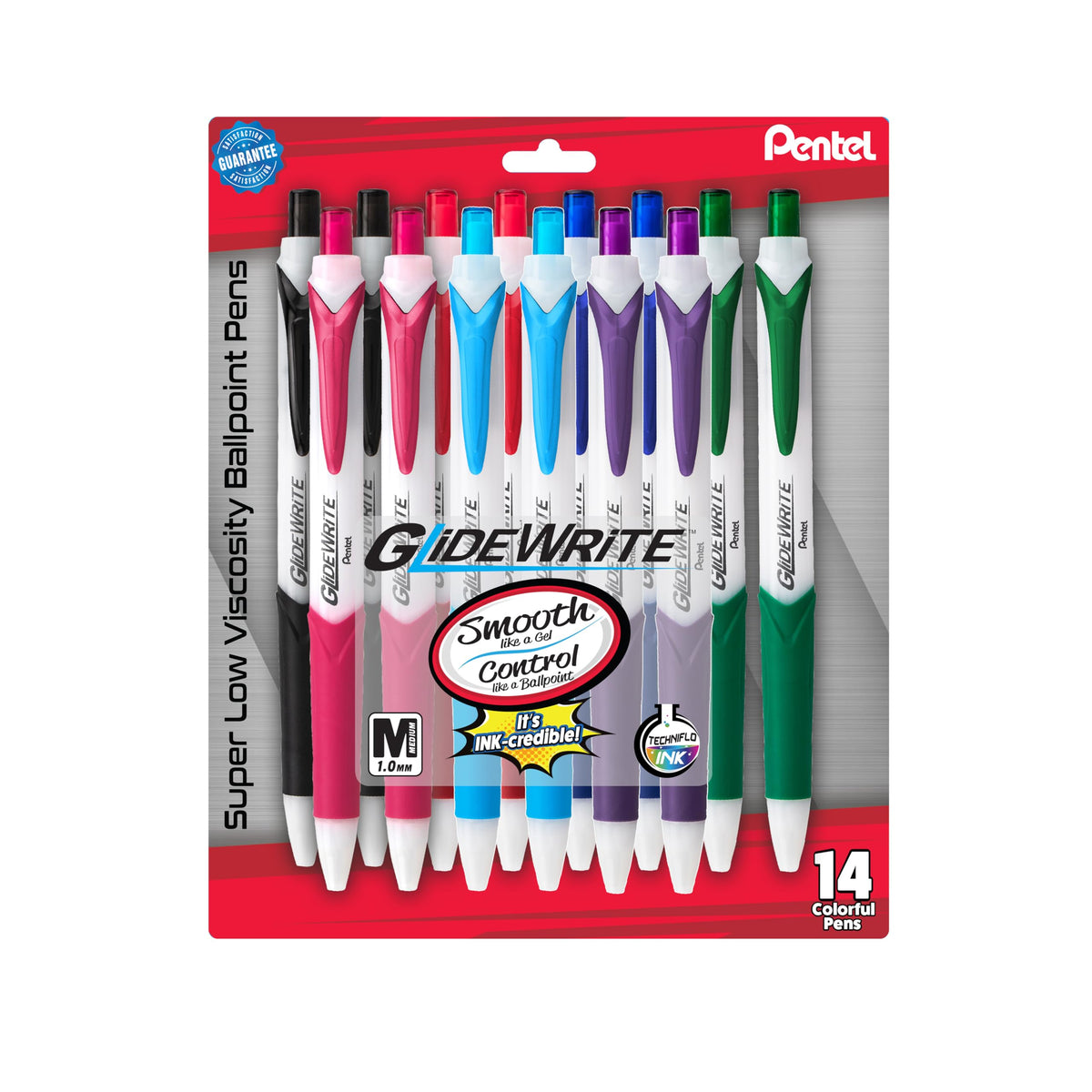 Pentel GlideWrite Ballpoint Pen with TechniFLO Ink, (1.0mm) Medium Line, Assorted Ink, Pack of 14
