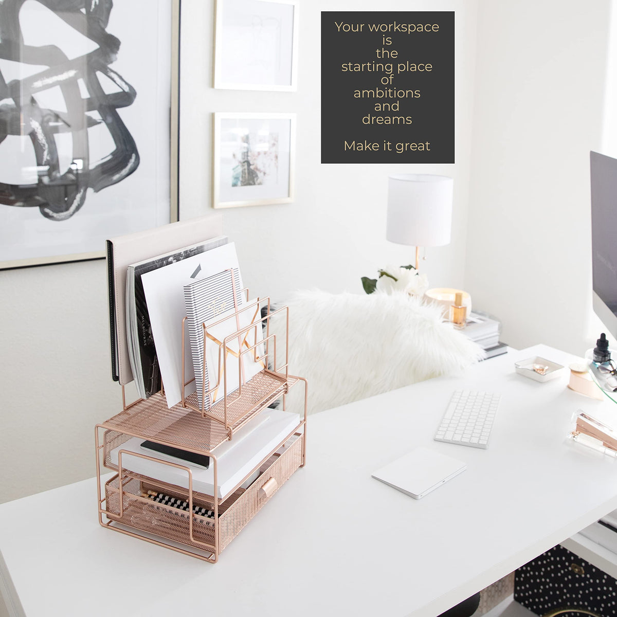 BLU MONACO Rose Gold Desk Organizer with Drawer | Metal Mesh Desktop Rack with File Sorters & Paper